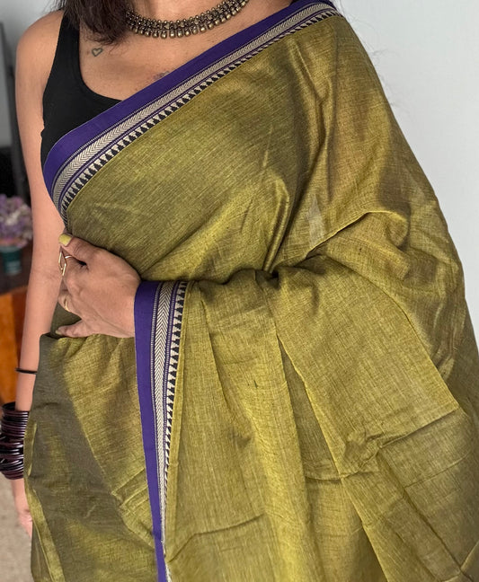 Lime green with purple border narayanpet saree, soft cotton - YCWOTDNPFE34