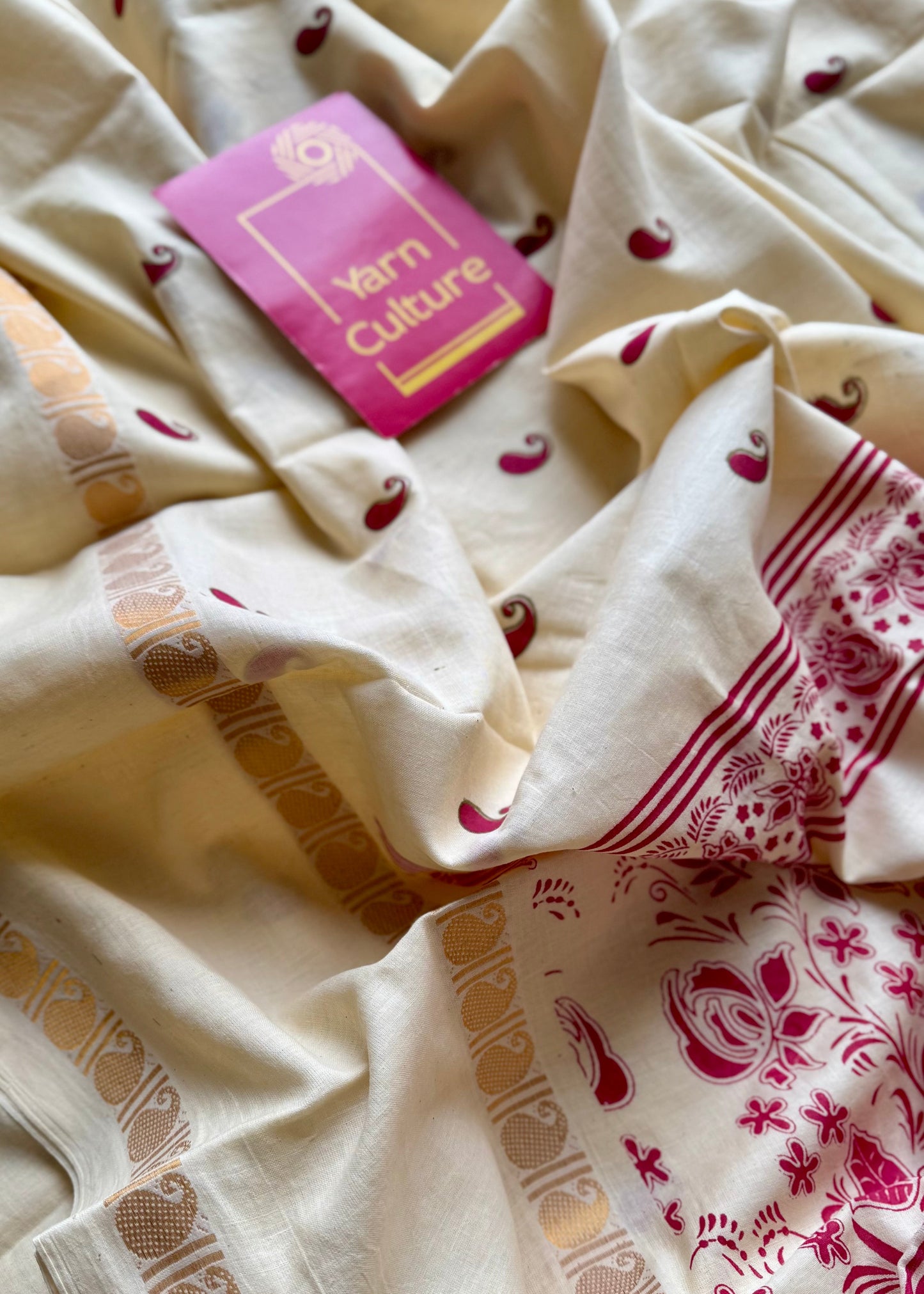 Ivory and Gold with paisley motif block printed buttas, zari border, soft Madurai cotton - YCON25MC268