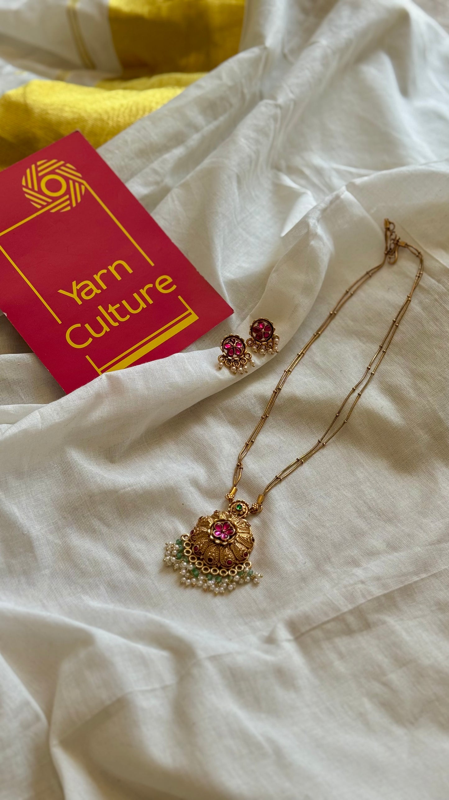 Floral ruby green pendant chain neckpiece with earrings - YCGPNP668