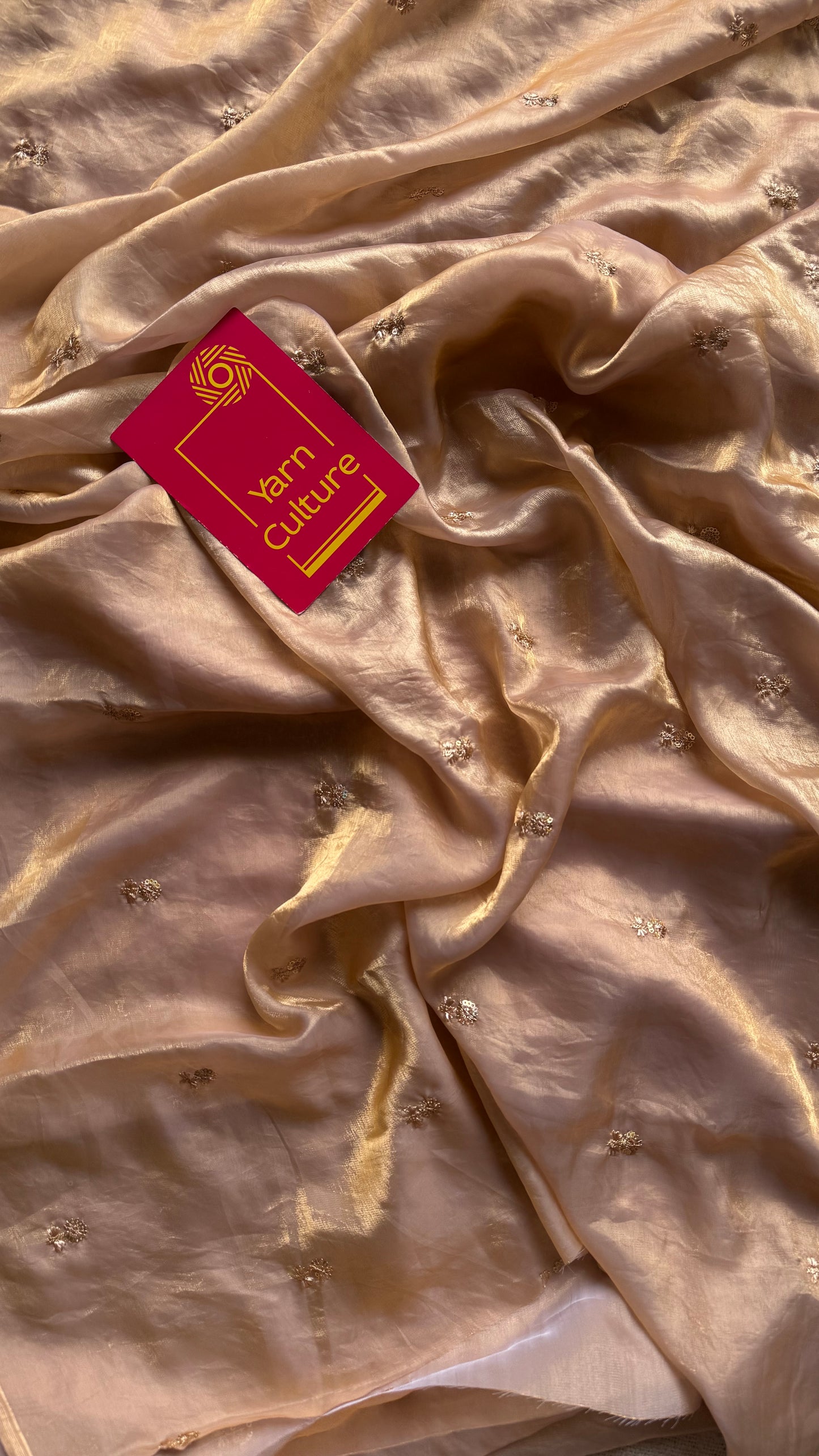 Light gold with a hint of pink, fendy satin with sequin work, contrast maroon blouse - YCDOSFE12