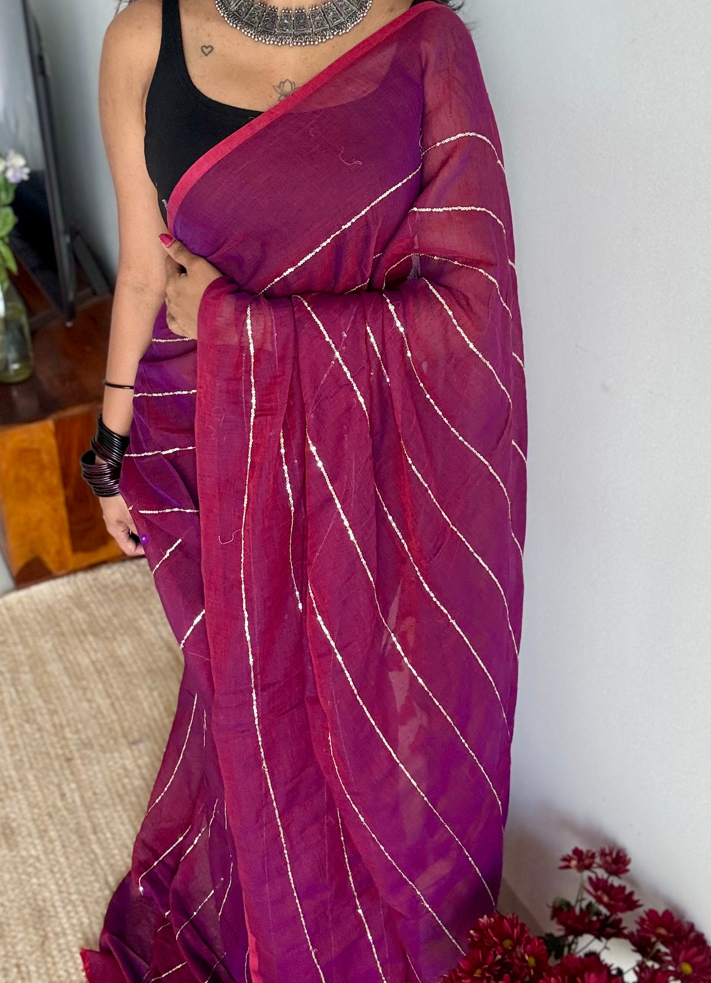 Grape wine dual tone mul with silver sequins - YCBCMCLSE58