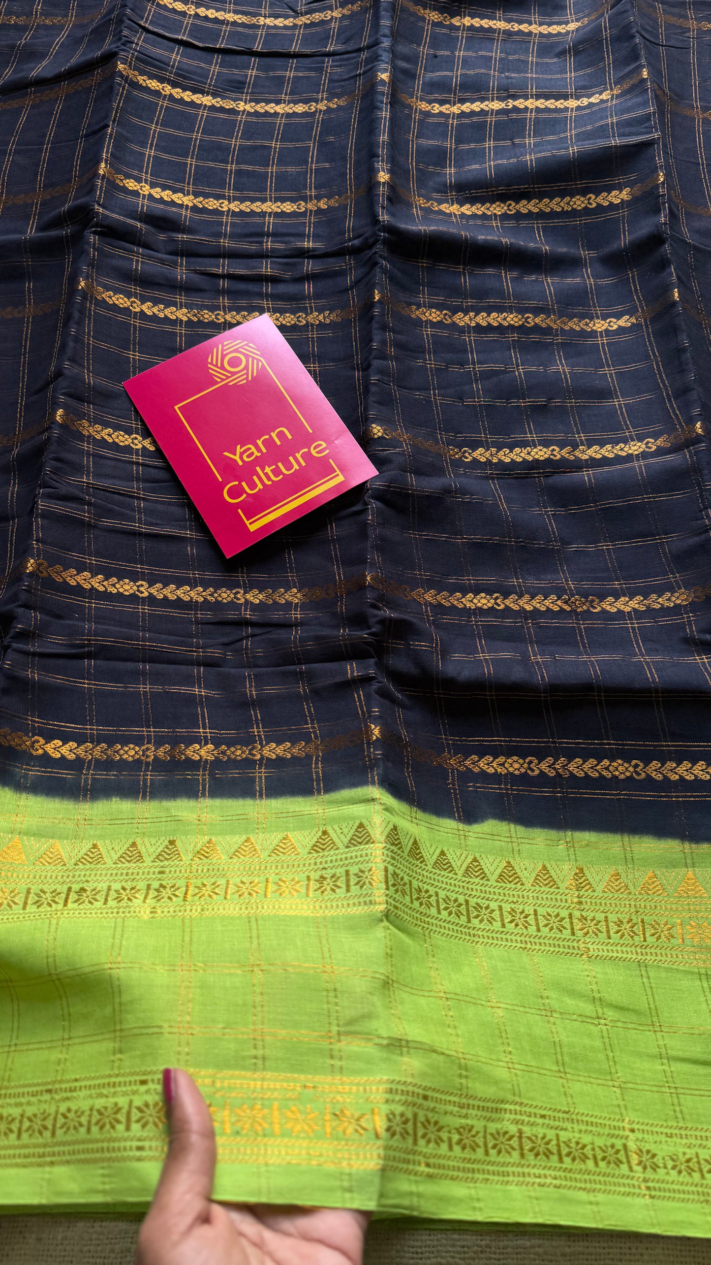 Black with lime green, Adayar checks with velthaari pattern, madurai cotton - YCCOTNOCSC03