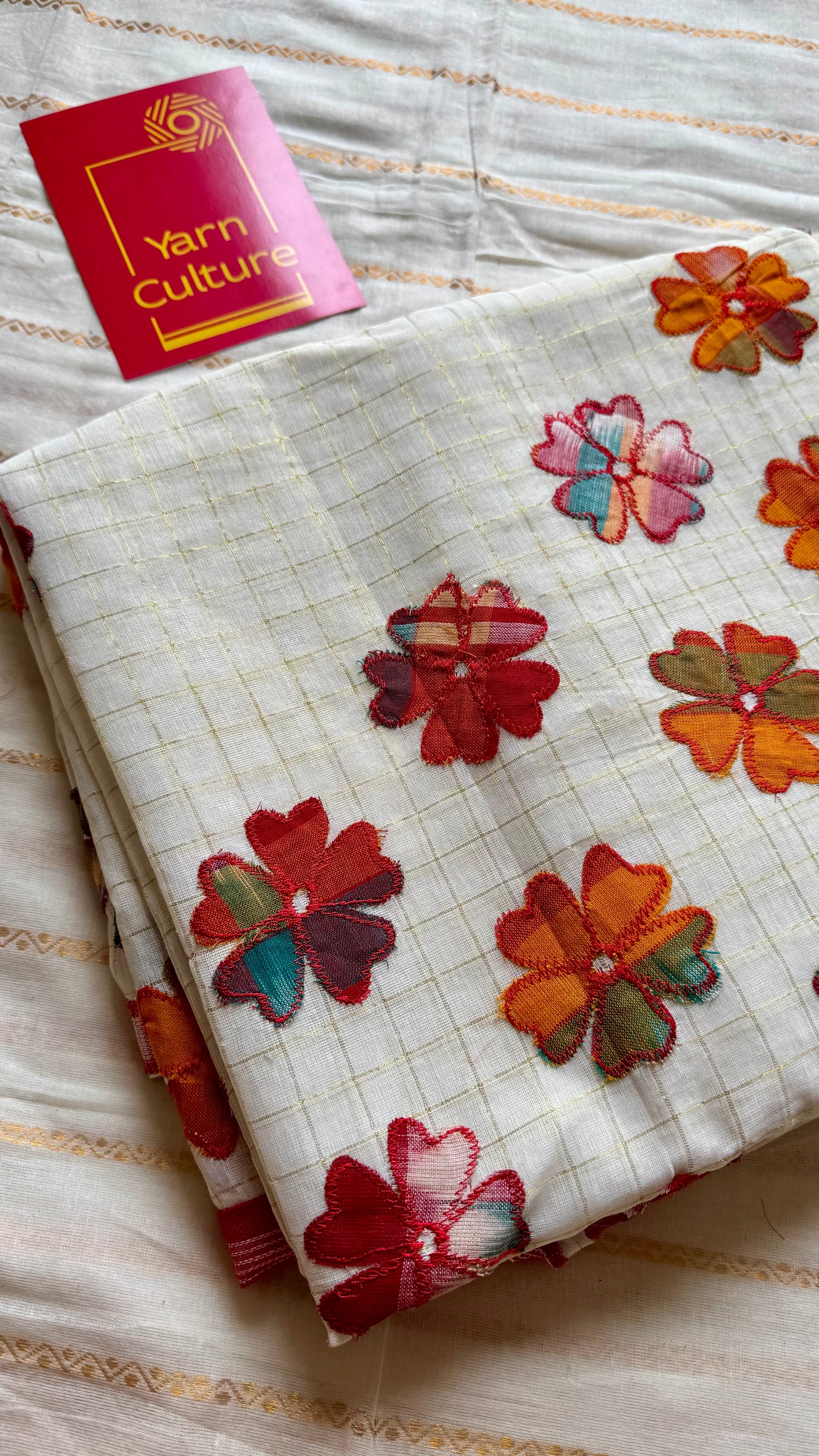 Ivory soft kota saree, with applique floral work - YCIEON88