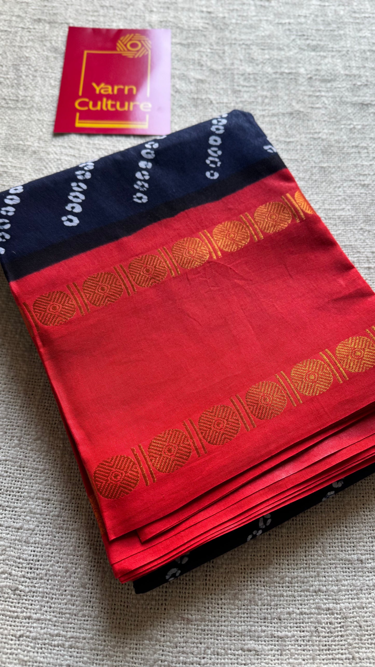 Dark navy blue with chilli red printed sungudi, madurai cotton - YCCOTNSUDE103
