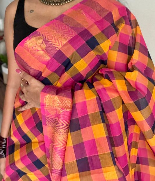 Multicolour Chettinad cotton saree with paalum pazhamum checks (hot pink, yellow, navy, orange) - YCCOTNAP60