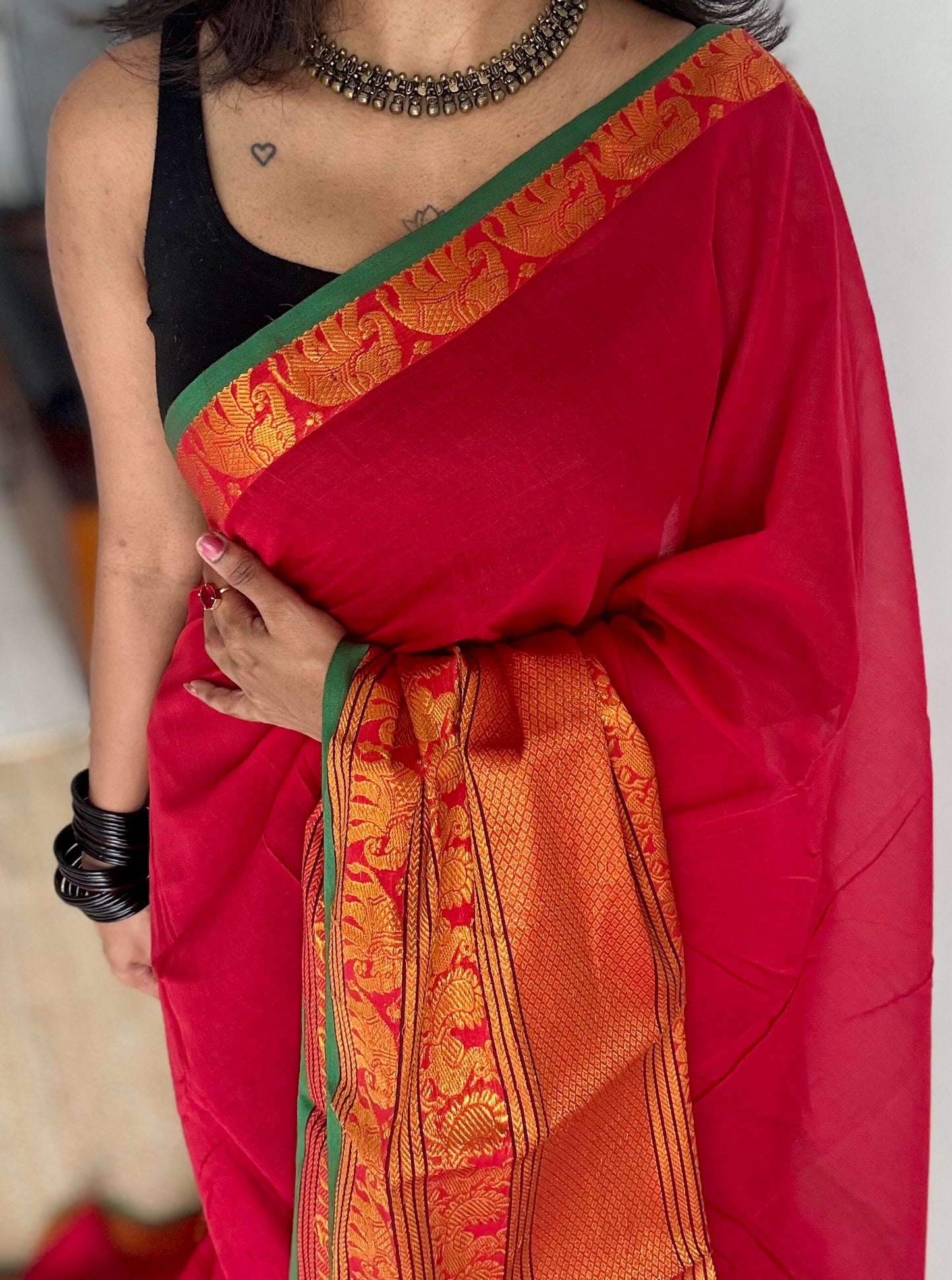 Red with broad zari border, premium narayanpet, soft cotton - YCWOTDFEBB07