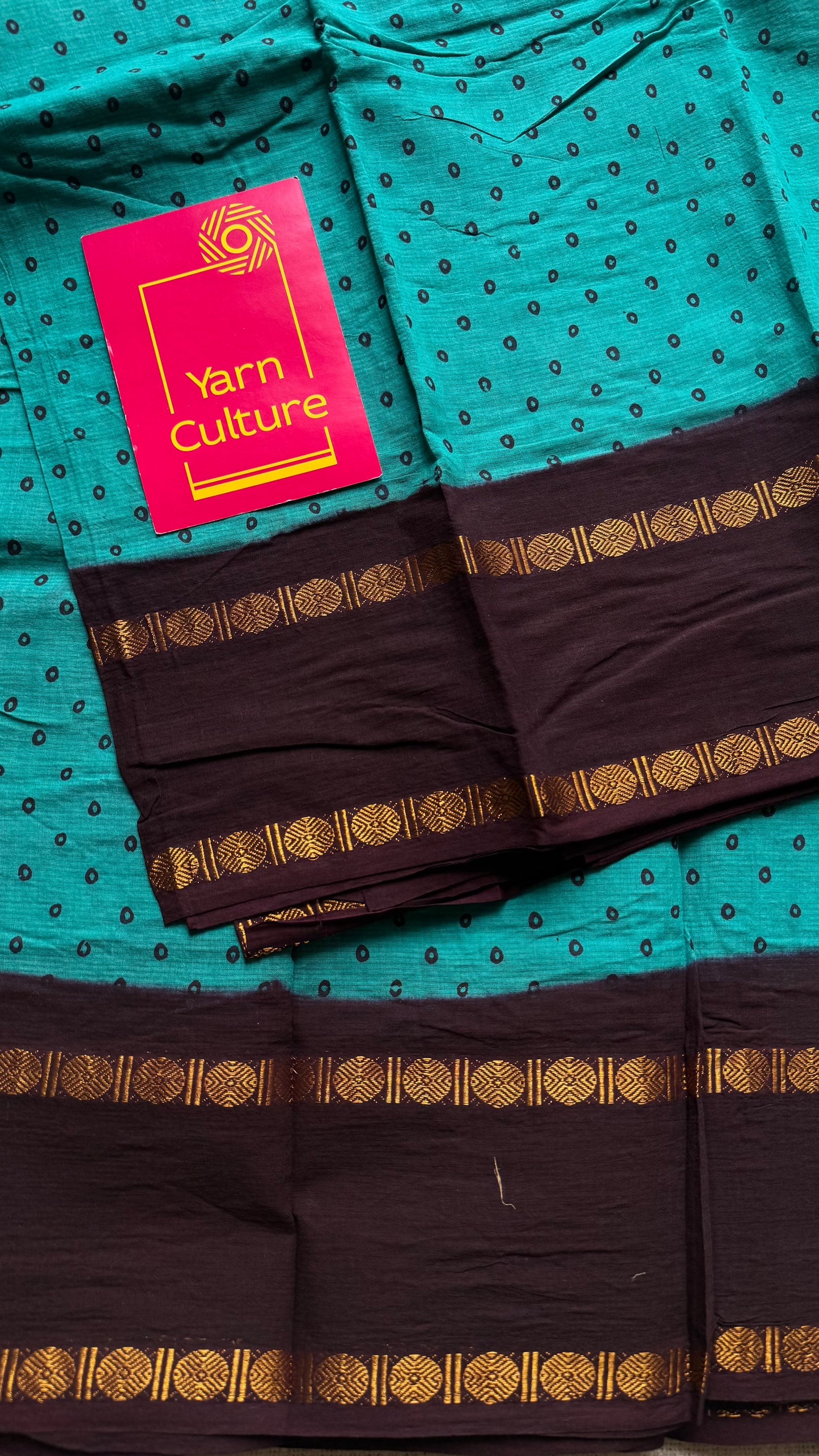 Turquoise with brown, sungudi motif and rudraksham border, madurai soft cotton - YCCOTNAUSC05