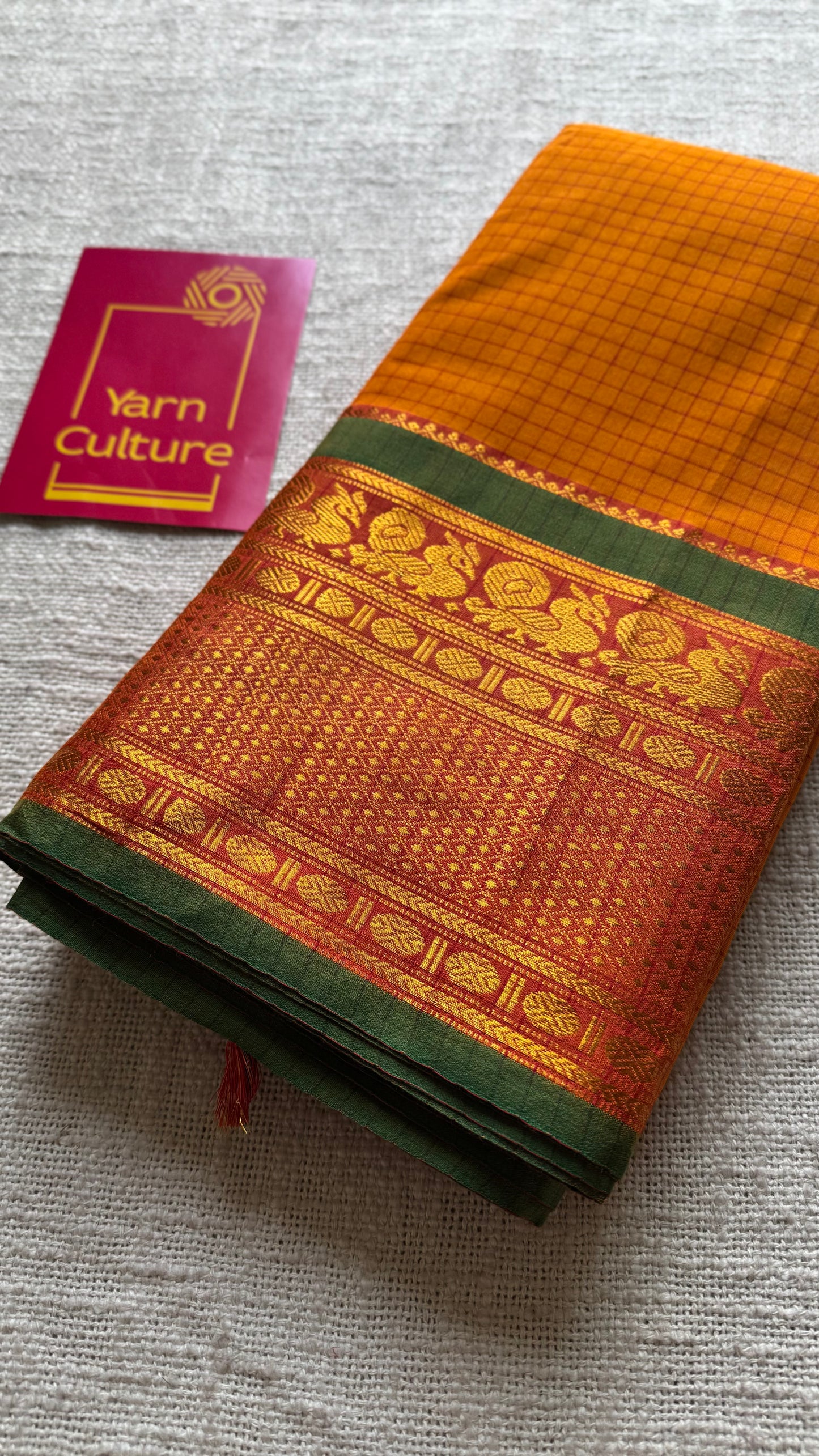 Yellowish orange checks with zari border, premium narayanpet, soft cotton - YCWOTDOCNP02