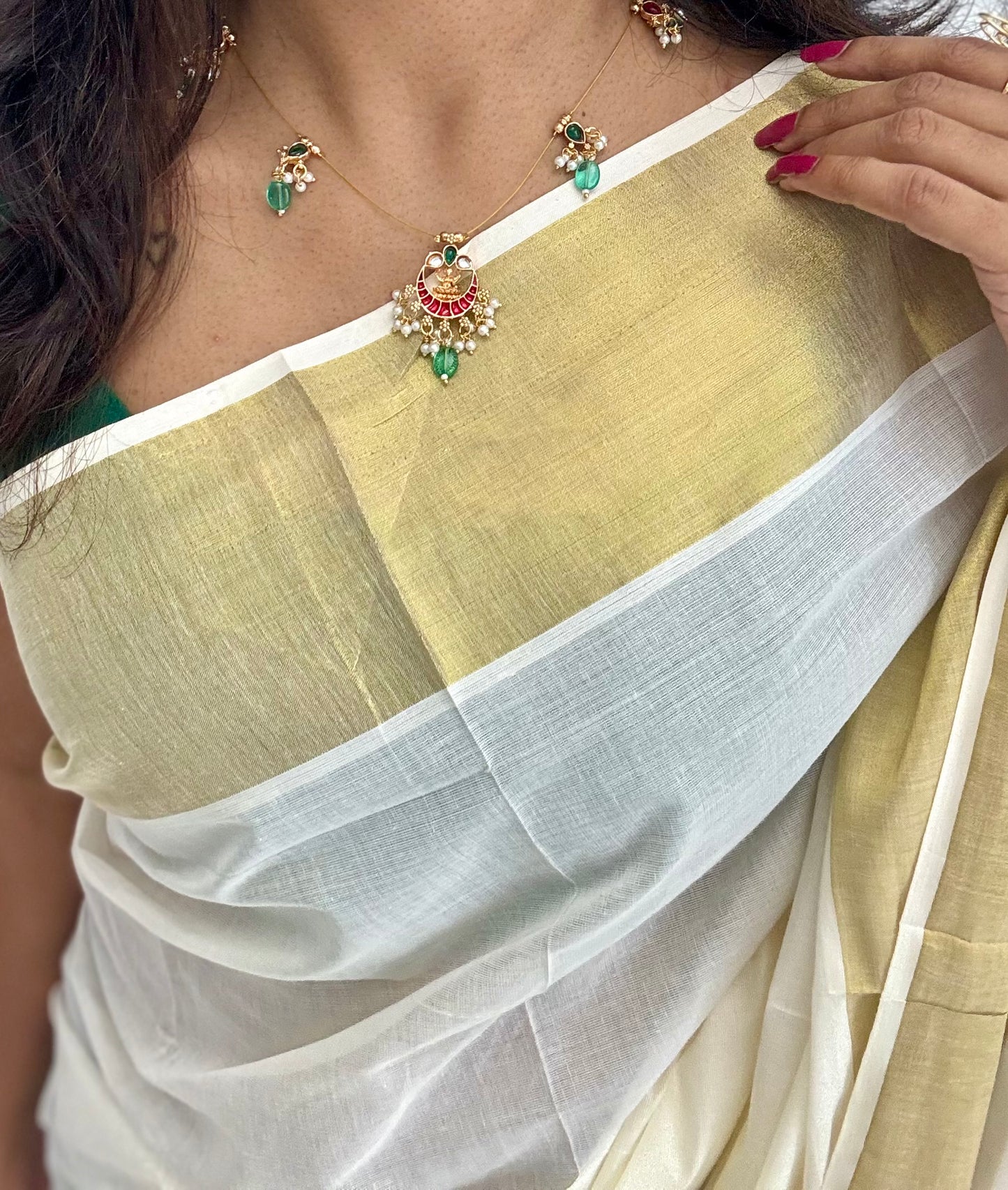Half moon shaped jadau kundan pendant, invisible chain neckpiece - YCAGC67