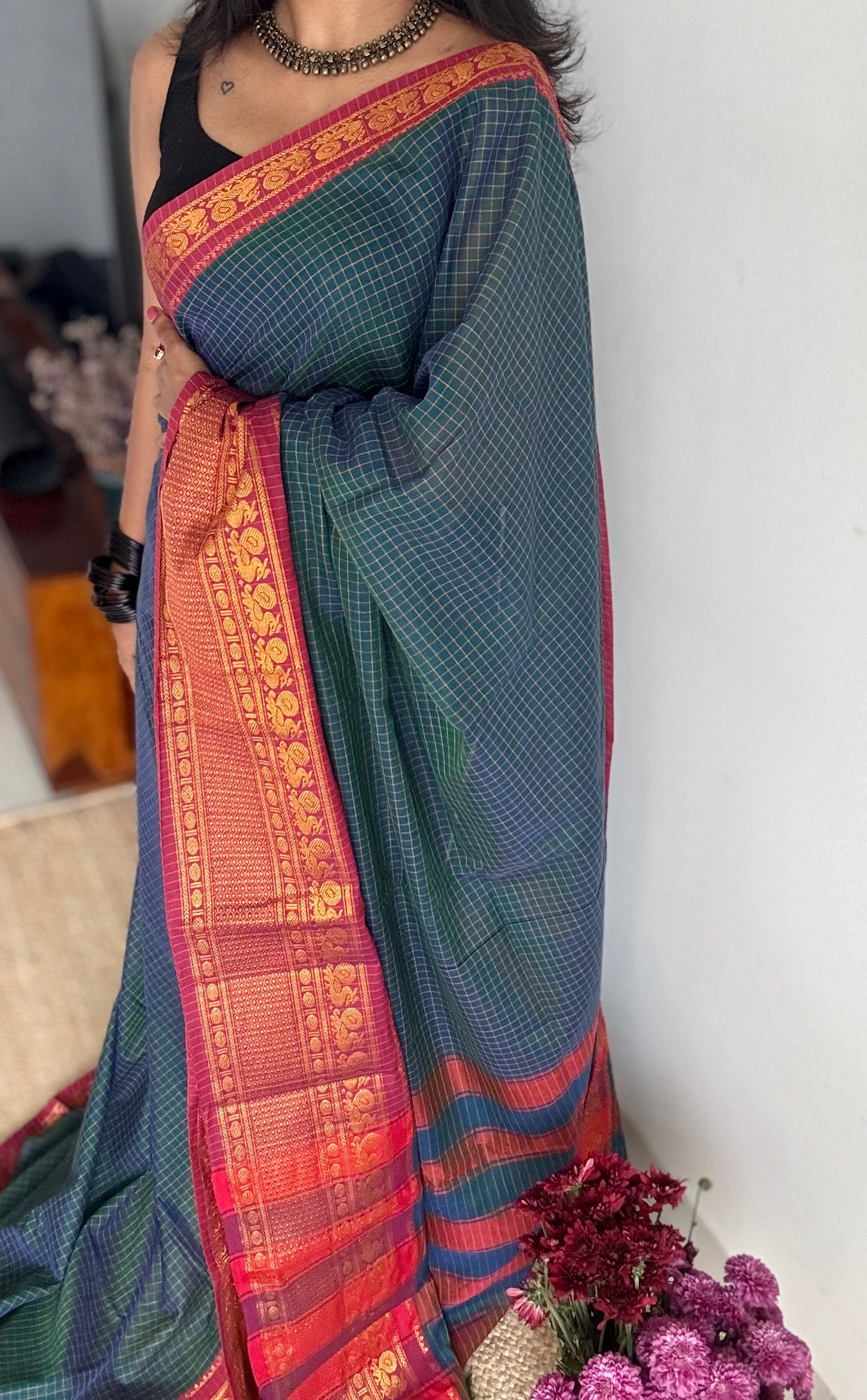 Teal checks with zari border, premium narayanpet, soft cotton - YCWOTDFEBB13