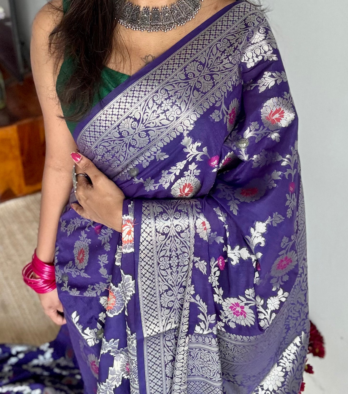 Dark blue meenakari floral pattern in silver zari, Banarasi katan dupion silk - YCDESE12