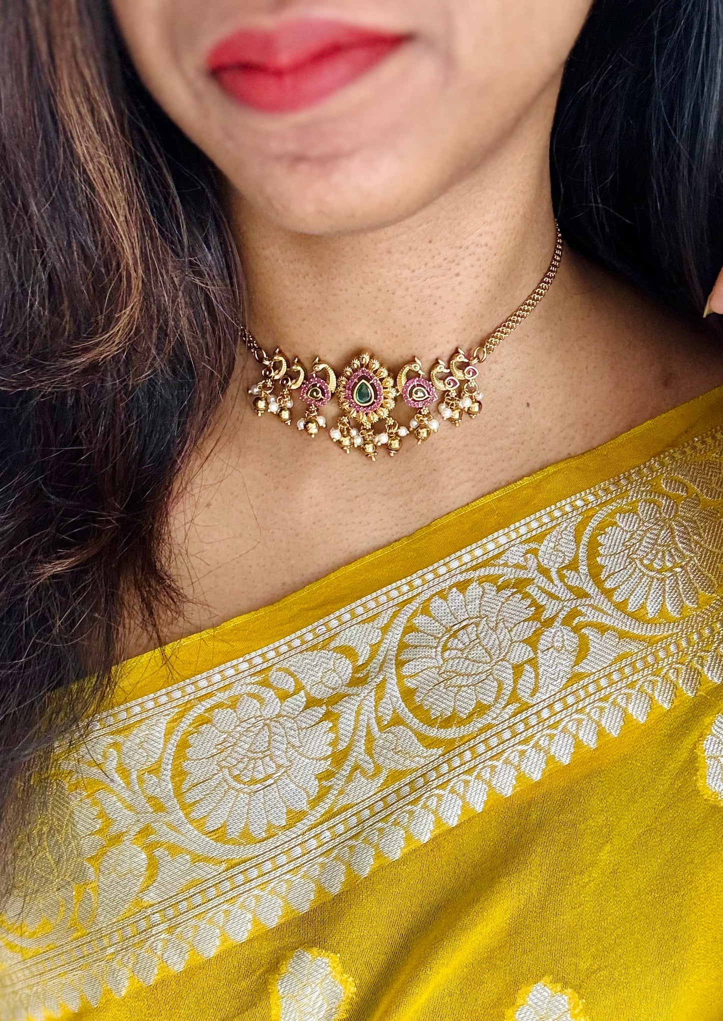 Gold plated choker neckpiece, ruby and green stones, with earrings - YCAGNP258