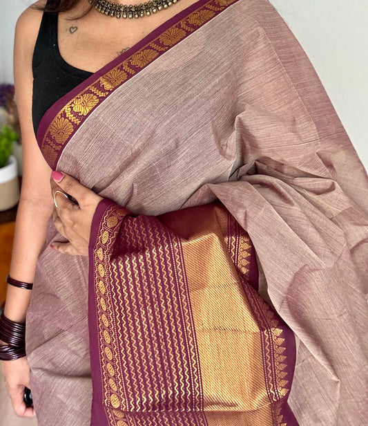 Kanchi cotton saree, beige brown with dark maroon zari border - YCCOTNAP88