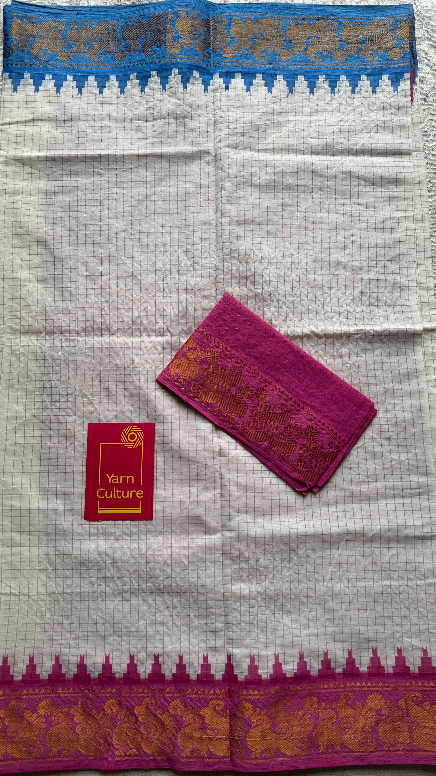 Sungudi cotton checks, ivory gold base, pink and blue dual tone border, soft cotton - YCCOTNAUS45