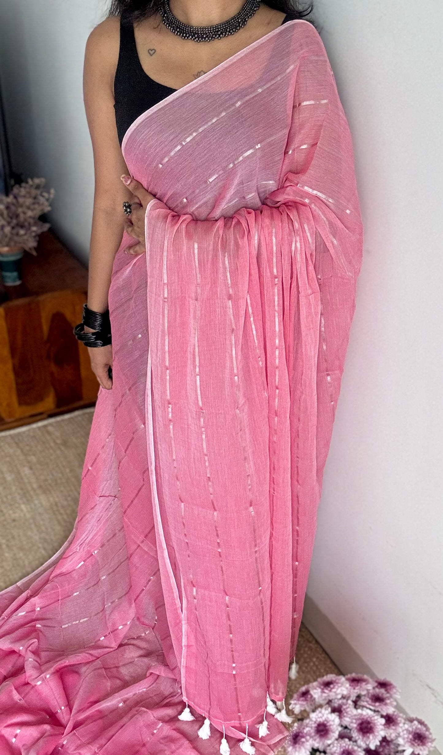 Candy Rose - pastel dusty pink with silver zari stripes, mul cotton - YCBCJULMS04