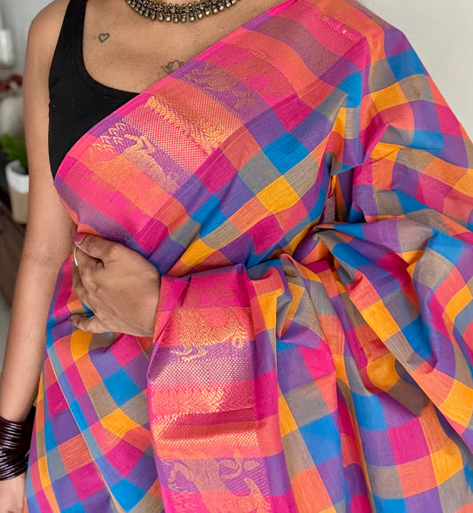 Multicolour Chettinad cotton saree with paalum pazhamum checks (purple, pink, orange, yellow, blue) - YCCOTNAP61