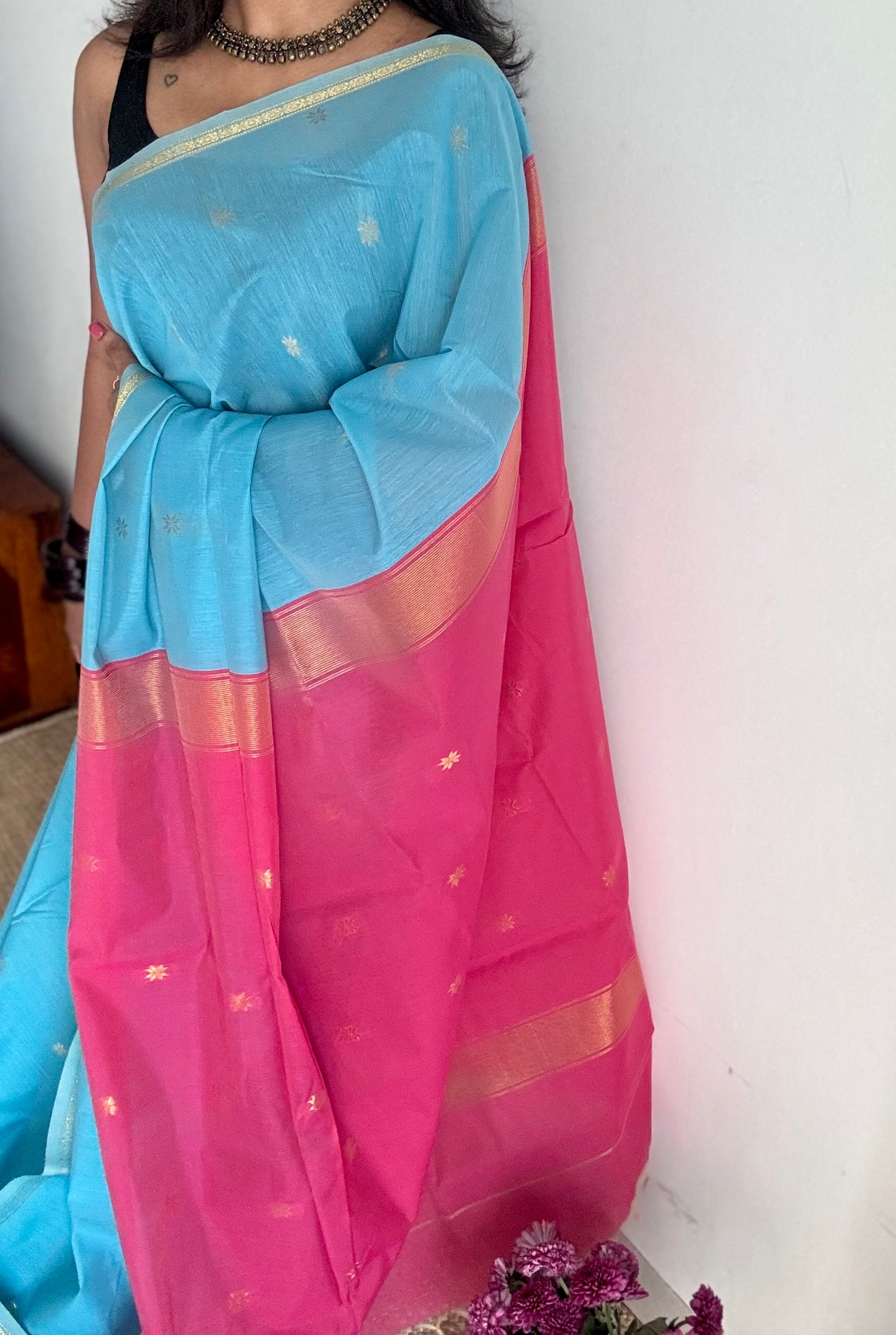Sky blue with pink, gold buttas, semi maheshwari cotton silk - YCCOTNFEJUSM06