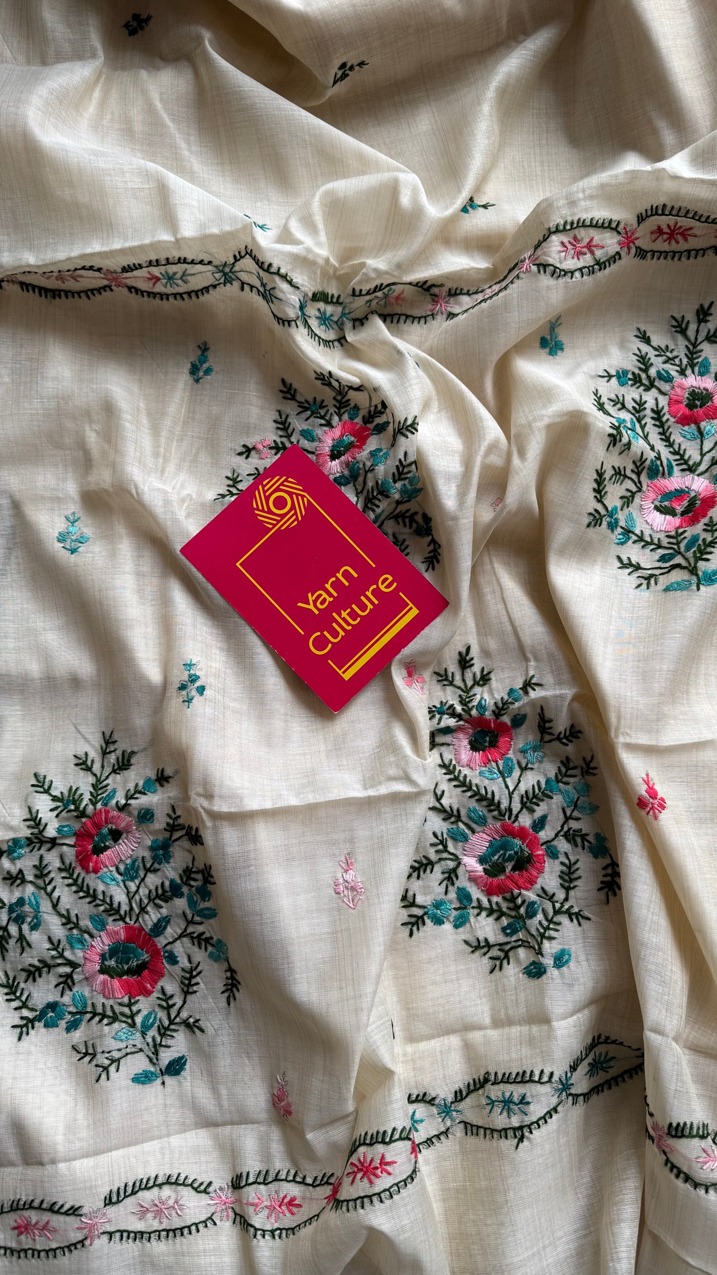 Ivory maheshwari cotton silk blend with pink and blue floral kantha threadwork - YCBLJULMK01