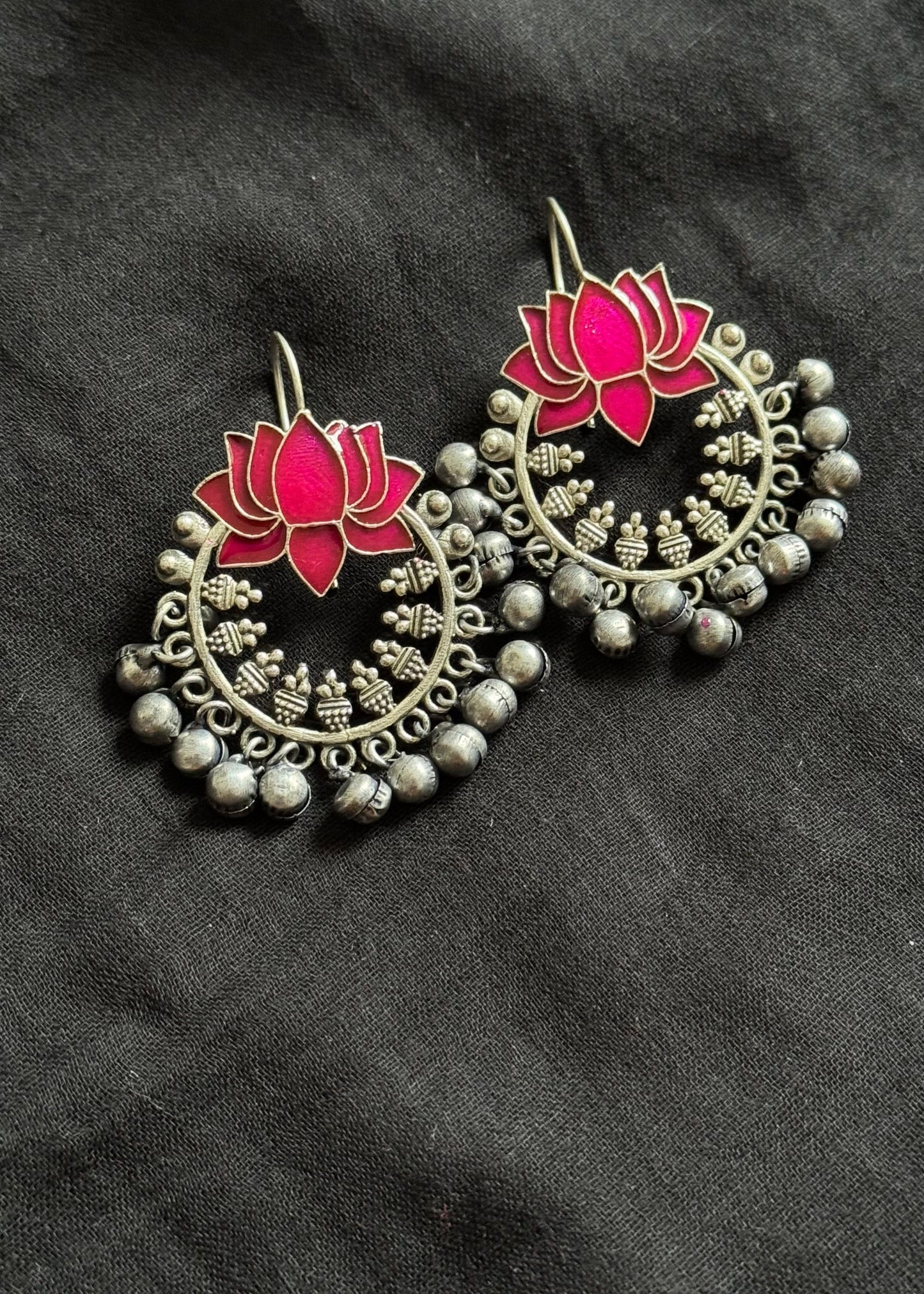 Meenakari lotus hook earrings, hot pink - YCOSED247