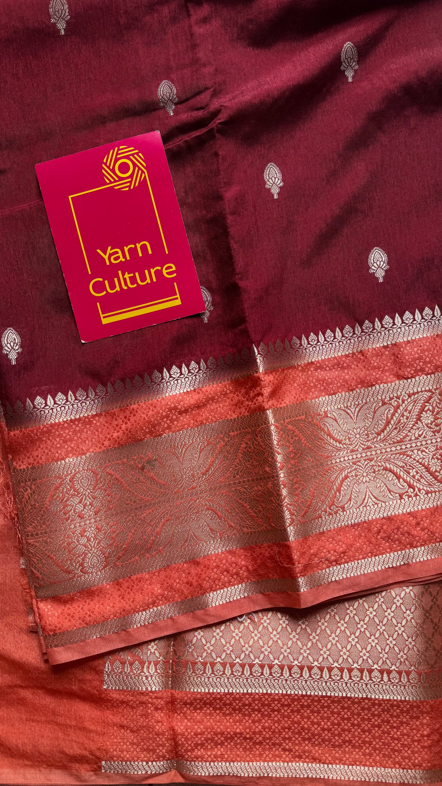 Maroon with peach border, Banarasi semi-silk - YCDESE02