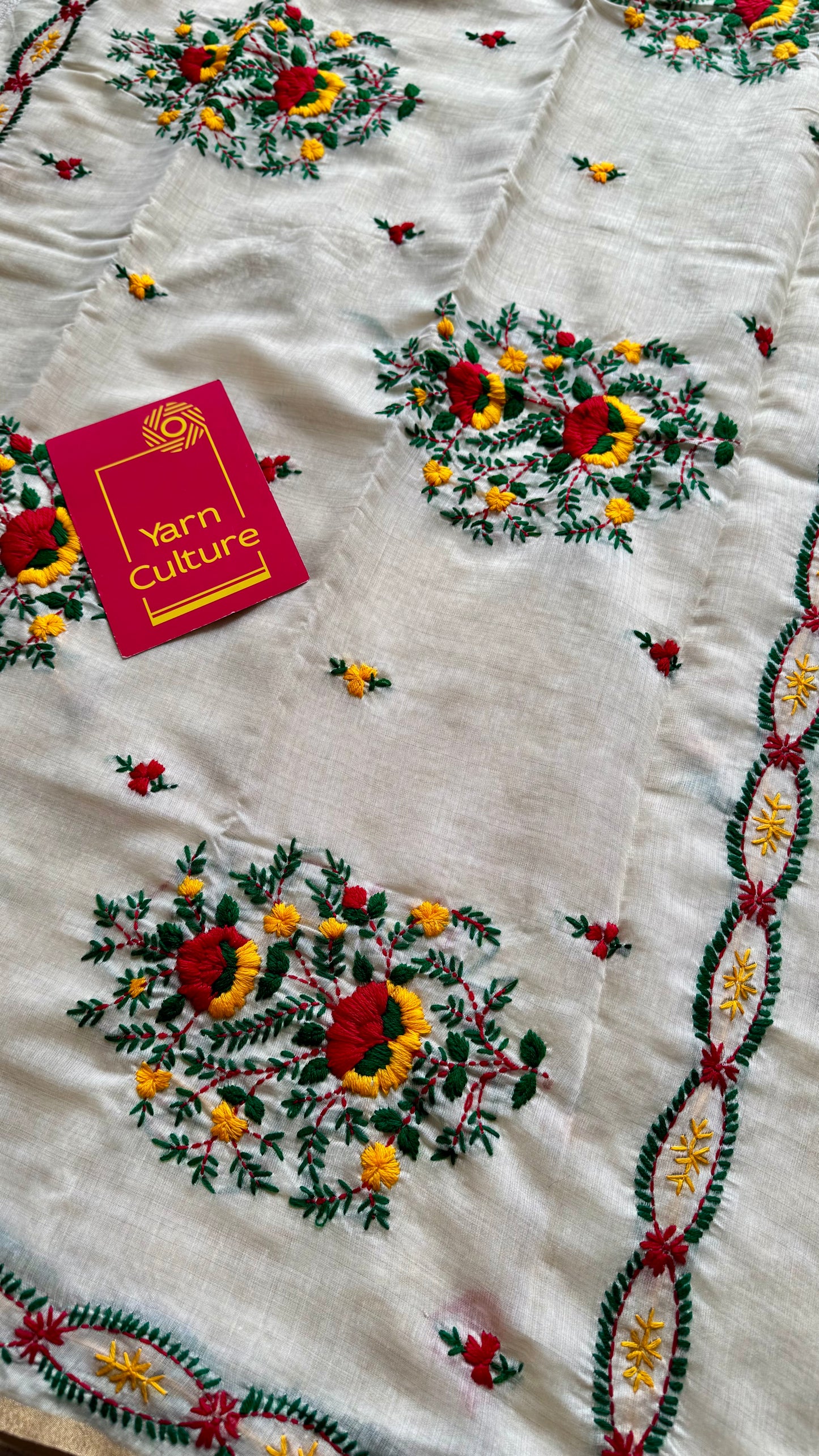 Ivory maheshwari cotton silk blend with red and yellow floral kantha threadwork - YCBLAUMK12