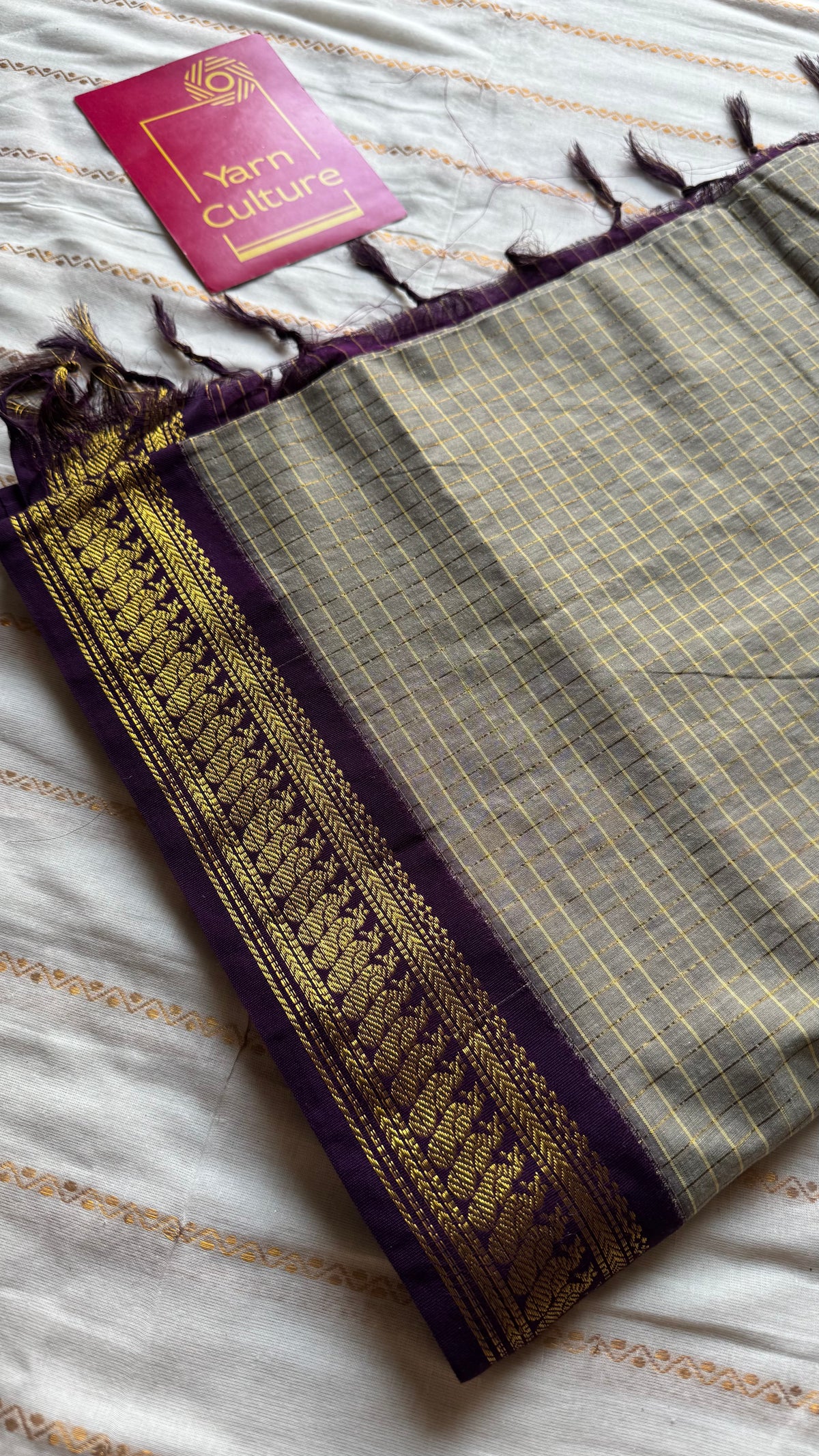 Warm grey with purple, zari checkered saree, cotton silk - YCCOTNKCOC110