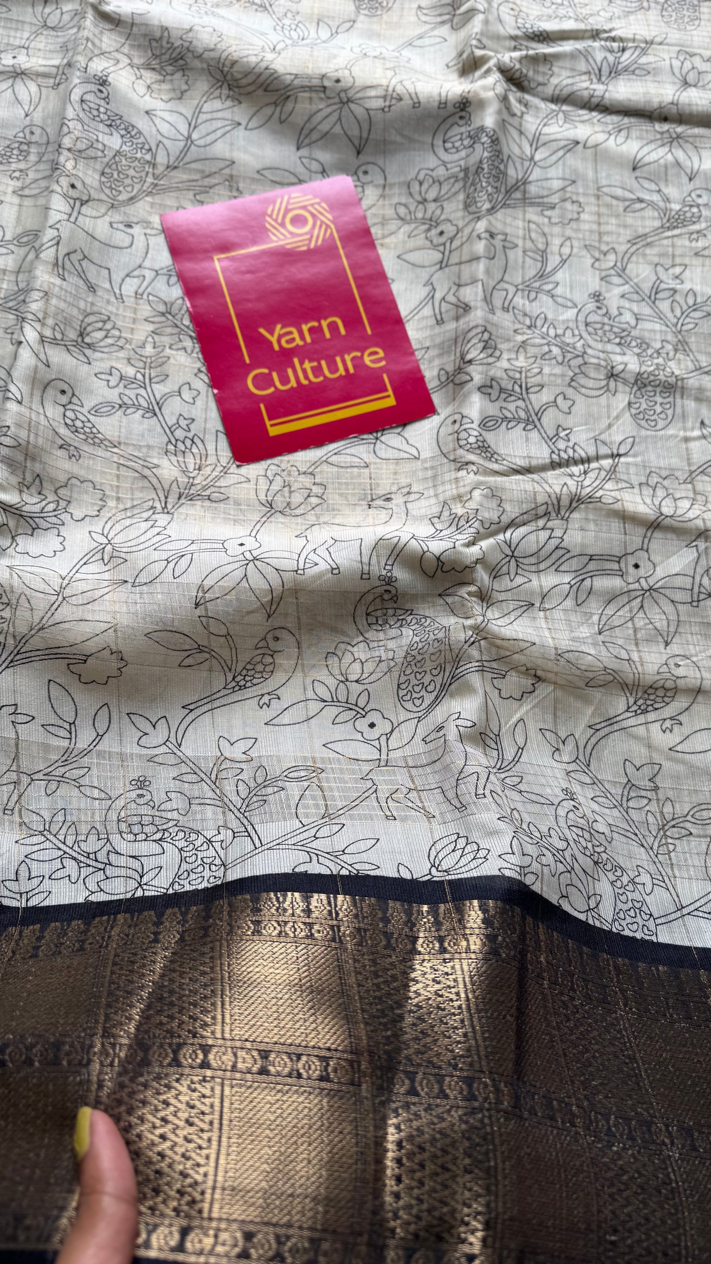 Off white and black, printed kalamkari, semi-tussar - YCWOTDSTK10