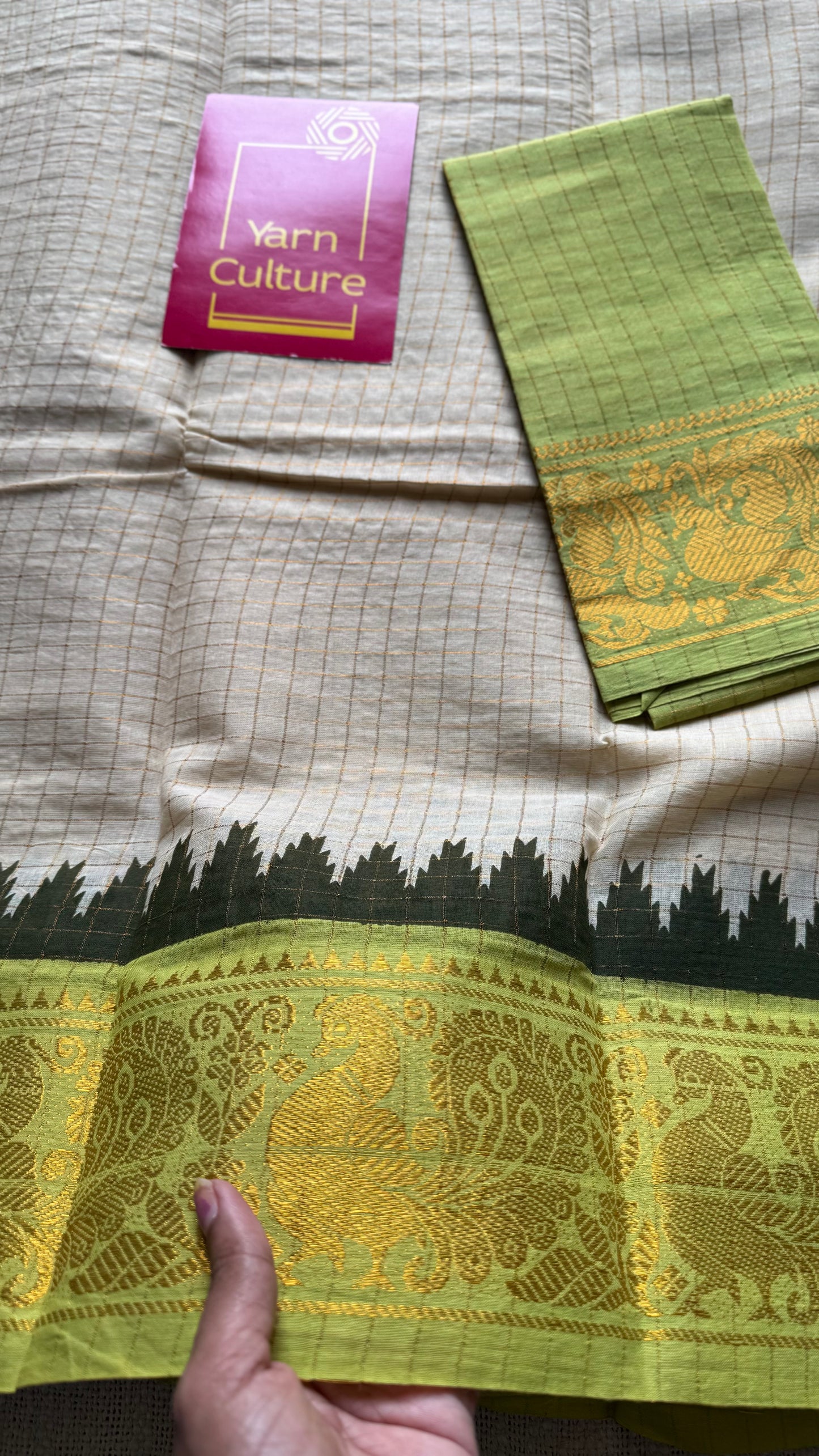 Magenta - bright green sungudi cotton checks, sandal colour base, soft cotton - YCCOTNJSUN07