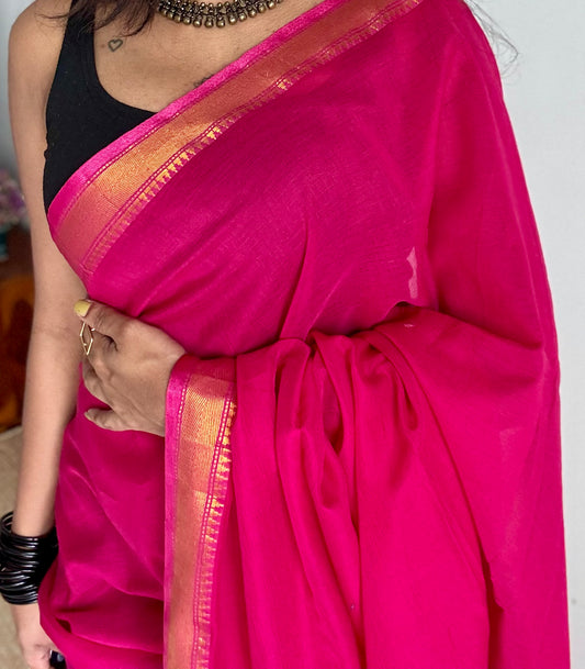 Hot pink soft cotton with maheswari gold zari border - YCBCMCFE217