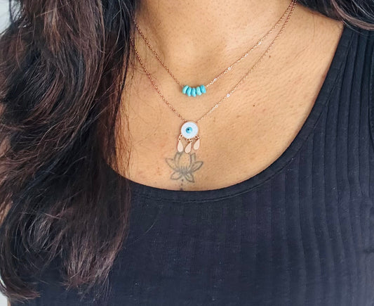 Rose gold plated double layered chain, turquoise beads and charm - YCGPC434