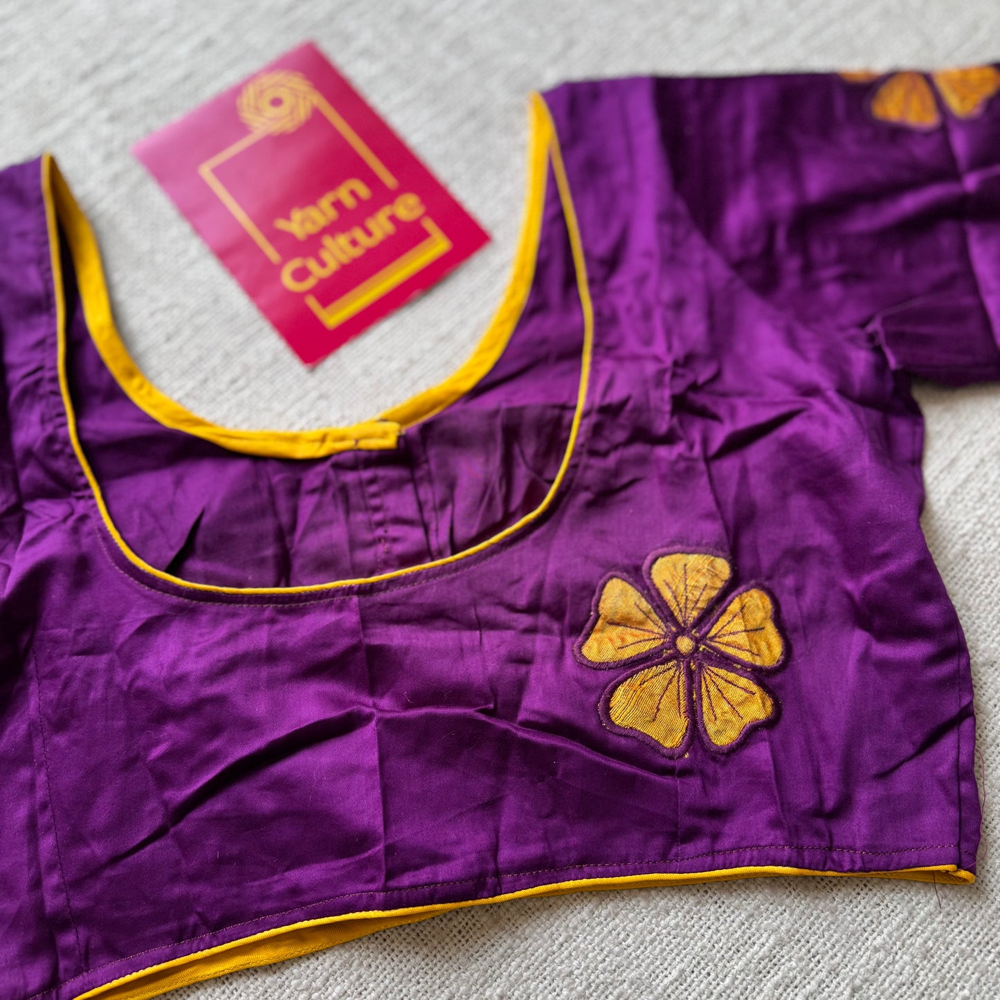 Purple with yellow floral embroidery, cotton silk, size 36 (alterable from 34-40), readymade blouse - YCBLAU02