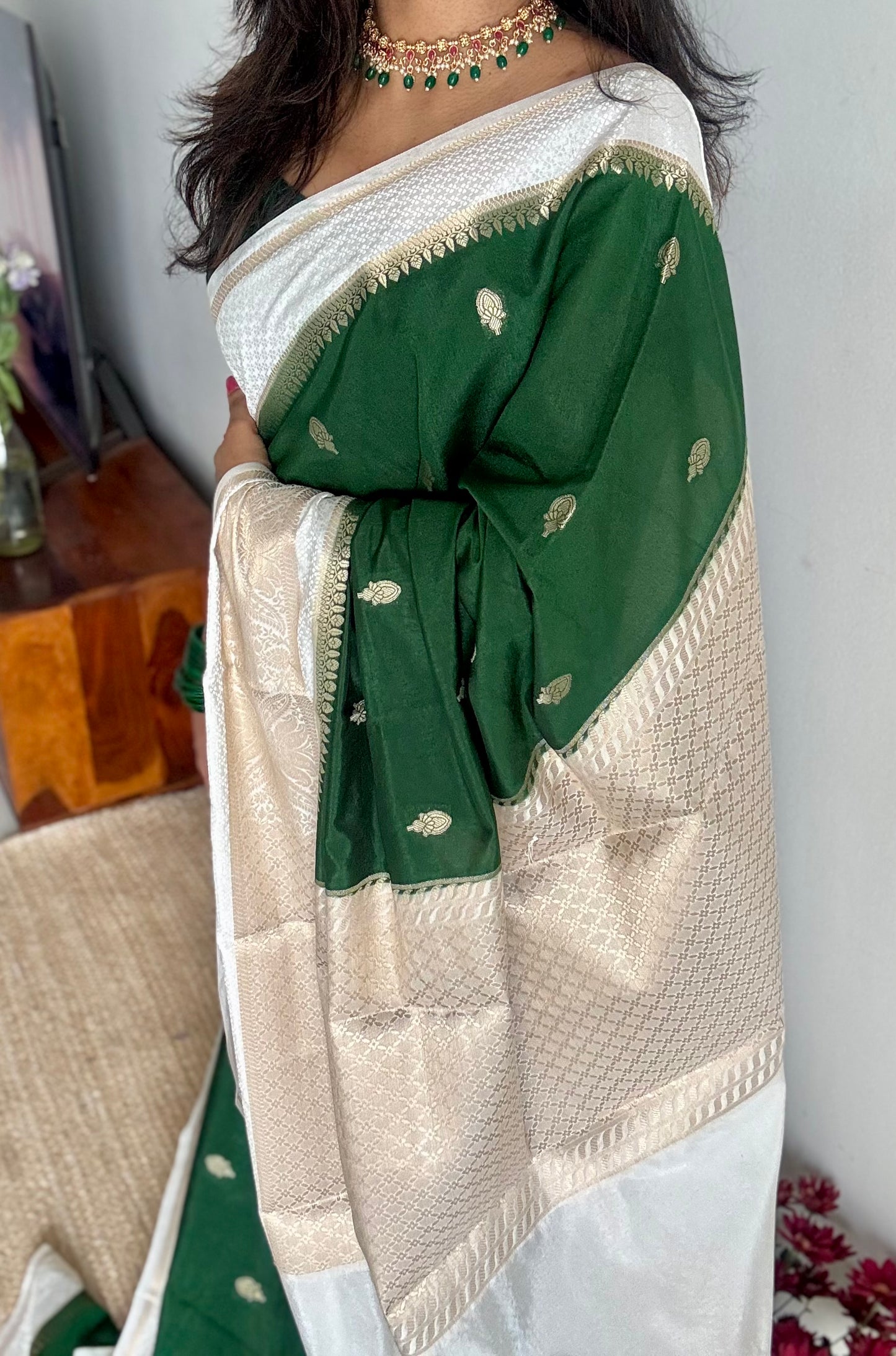 Dark green with cream border, Banarasi semi-silk - YCDESE01