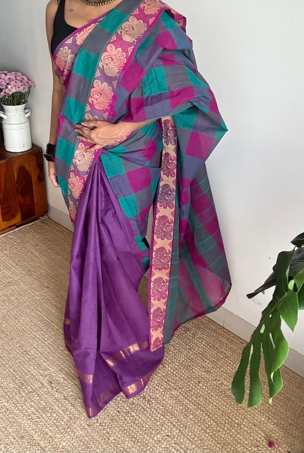 Multicoloured checks with purple, sungudi and chettinad cotton half and half saree - YCCOTNIDOC132