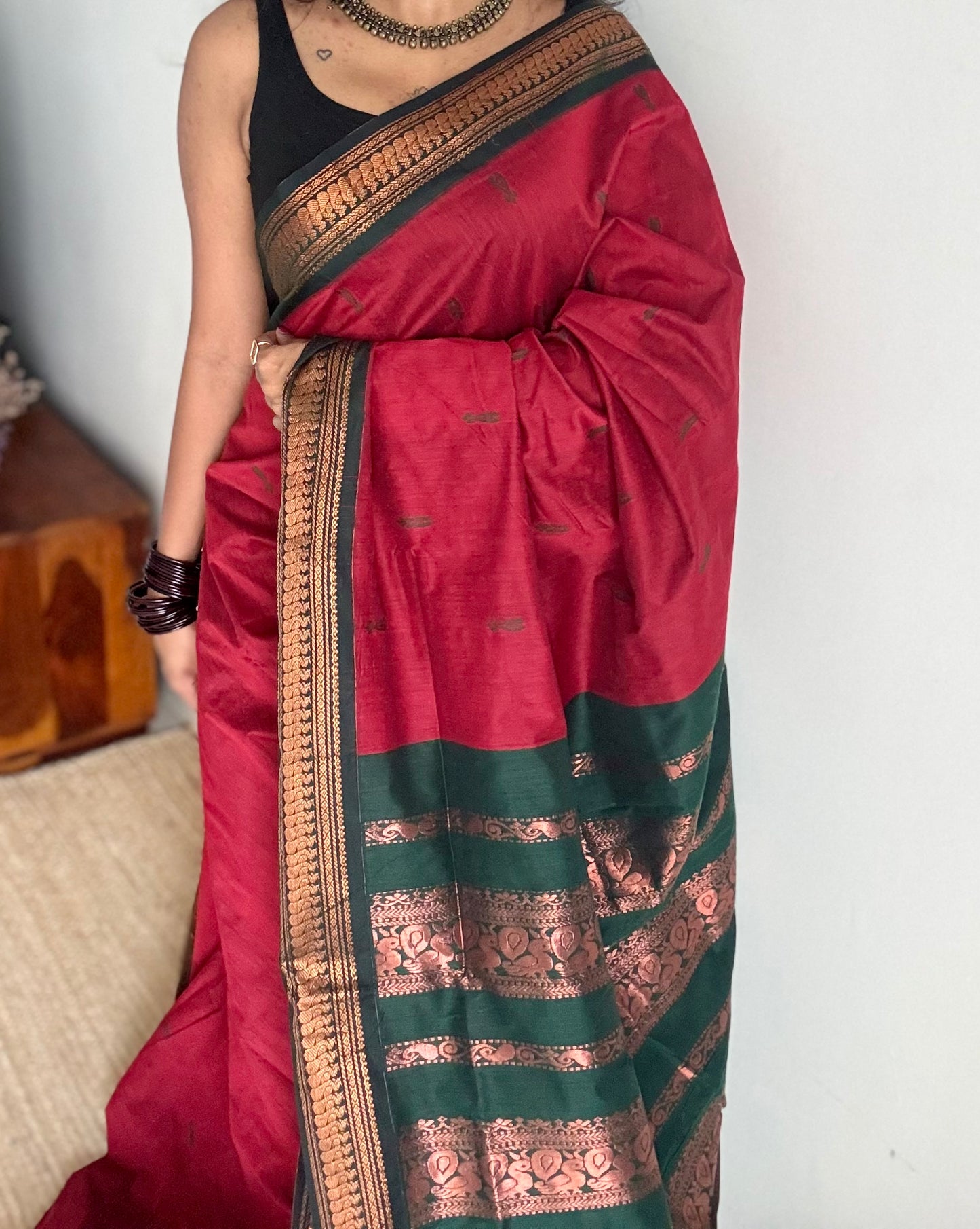 Dark red with dark green, cotton silk - YCCOTNOCKCS15
