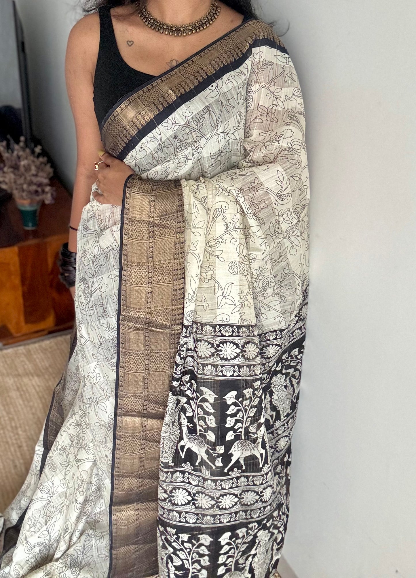 Off white and black, printed kalamkari, semi-tussar - YCWOTDSTK10