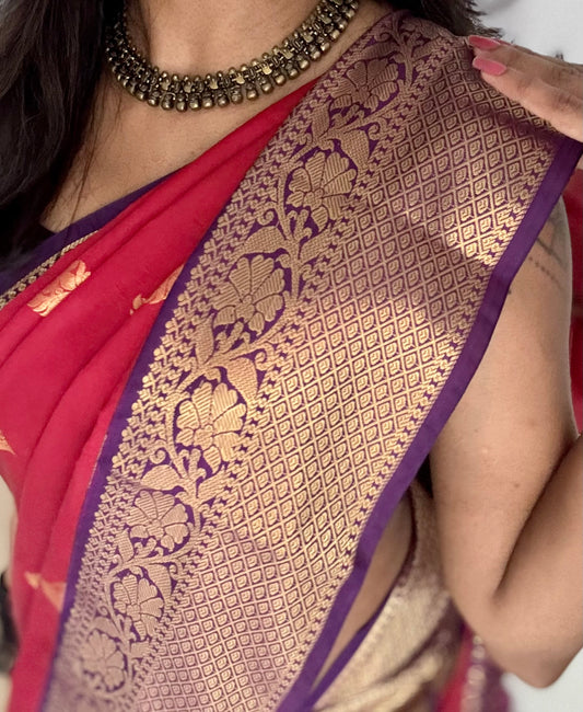 Ragini - crimson red with purple, handloom korvai semi silk - YCCOTNFEJUKS04