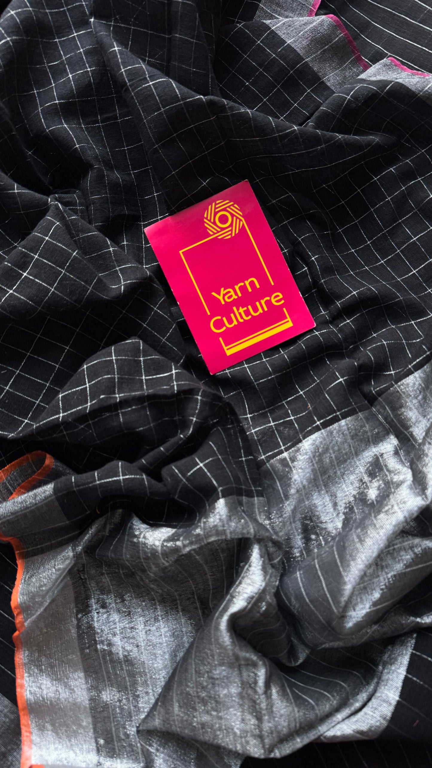 Black linen by cotton saree, silver checks & zari pallu - YCBCLCFE389