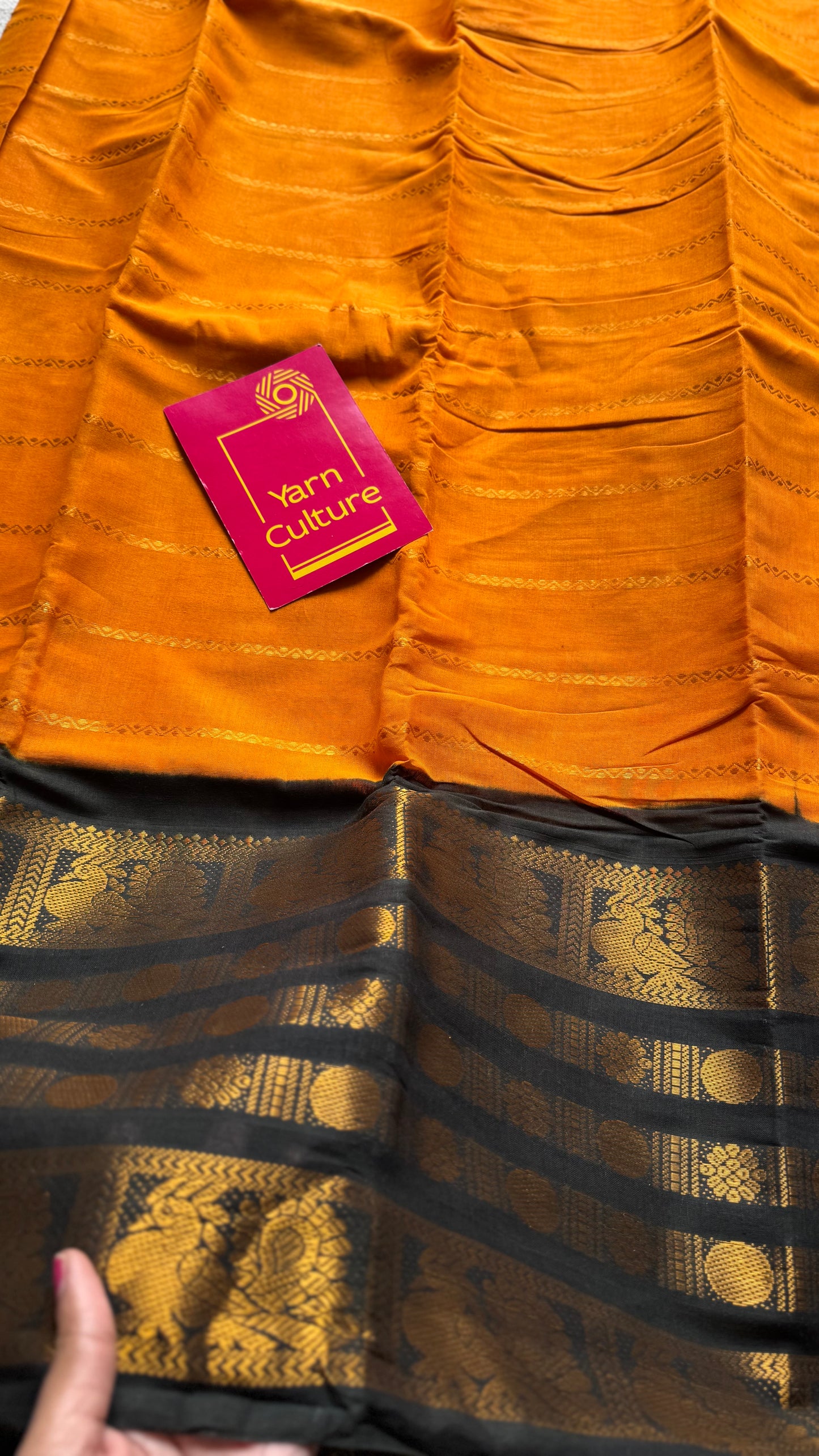 Turmeric yellow (towards orange) with black, peacock rudraksham motif, single side broad zari - madurai kattuchayam dyed - YCCOTNAURS16