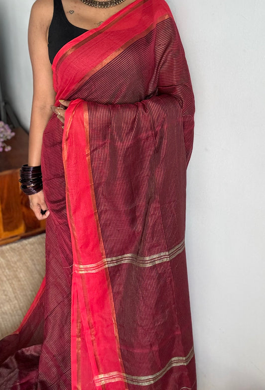 Maroon with red gap border, gold zari stripes, soft cotton - YCBCKCZDE131