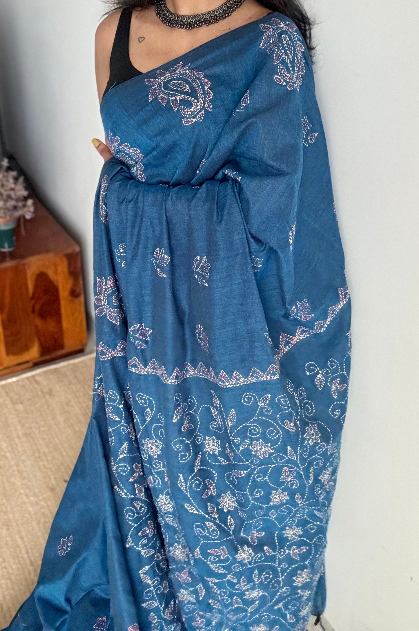 Morupankhi (মরুপঙ্খী) - Peacock Feather, peacock blue kantha weave in soft khadi cotton - YCBCSEKC06