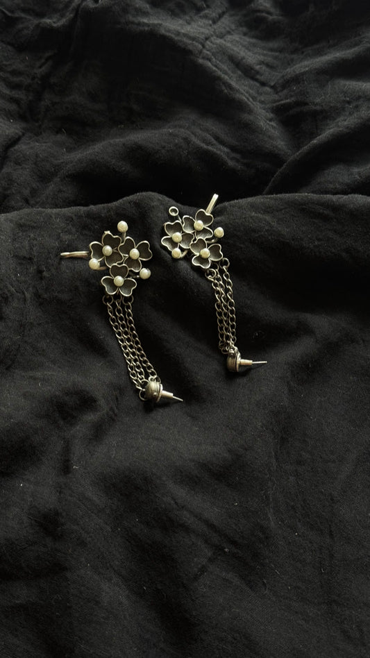 Oxidised silver, flower patterned earring cuff with clipon - YCOSED702