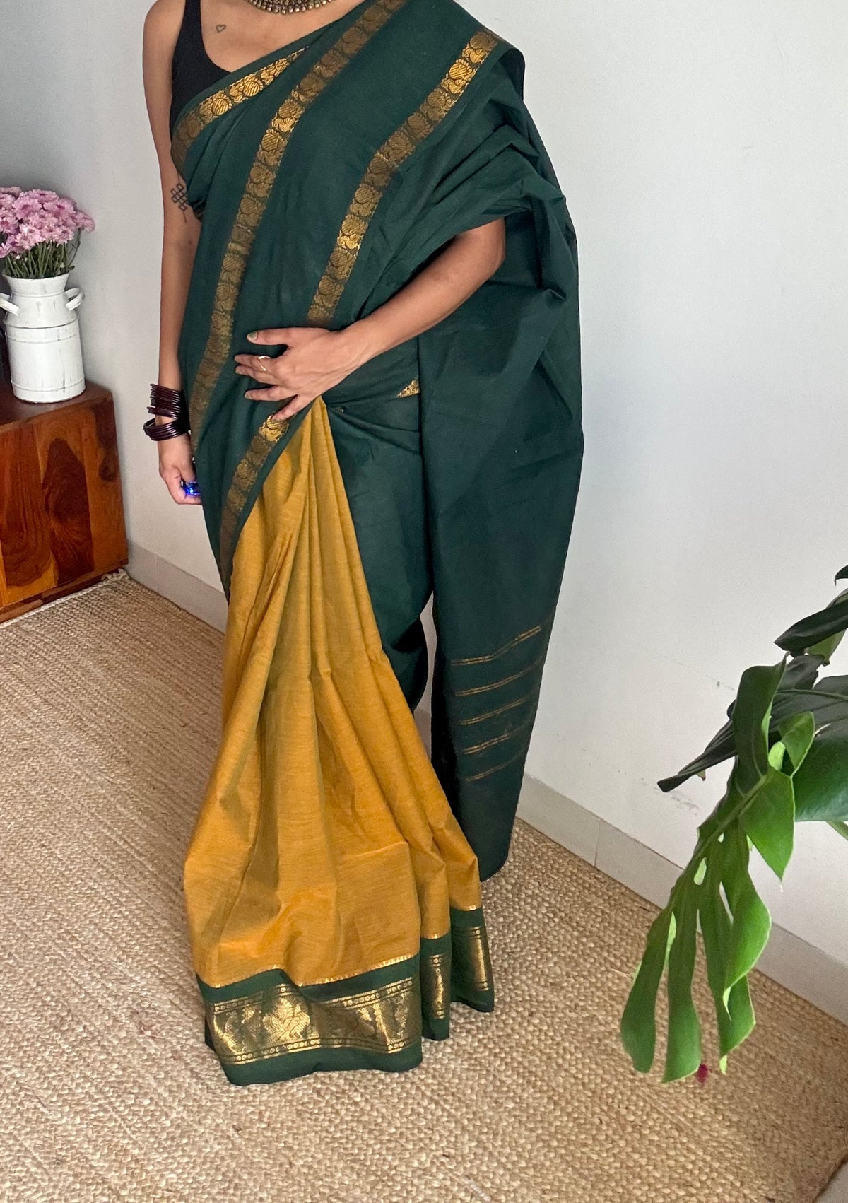 Dark green with ginger green, sungudi and chettinad cotton half and half saree - YCCOTNIDOC135