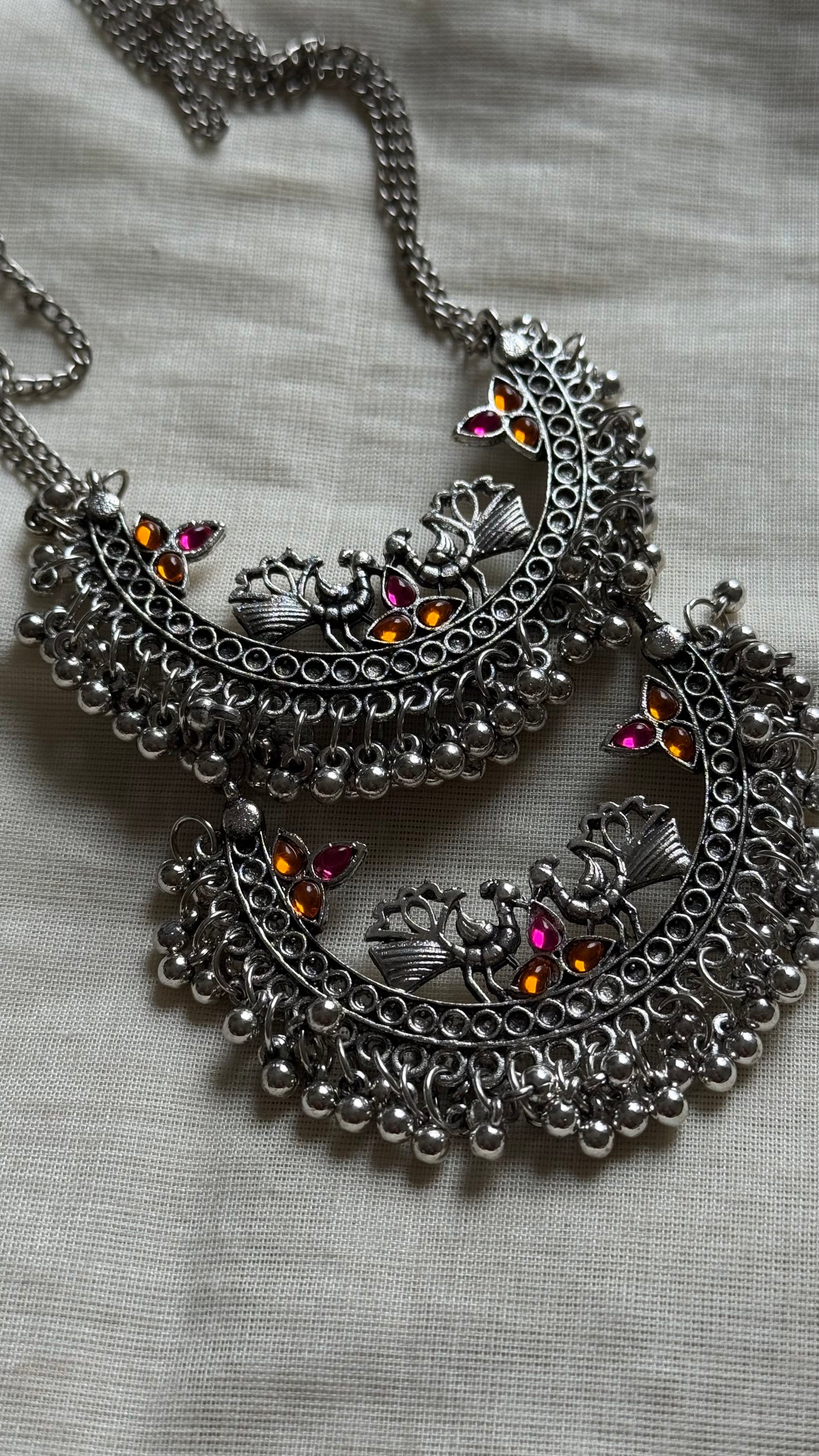 Long neckpiece with peacock pendant, oxidised silver - YCOSNP441