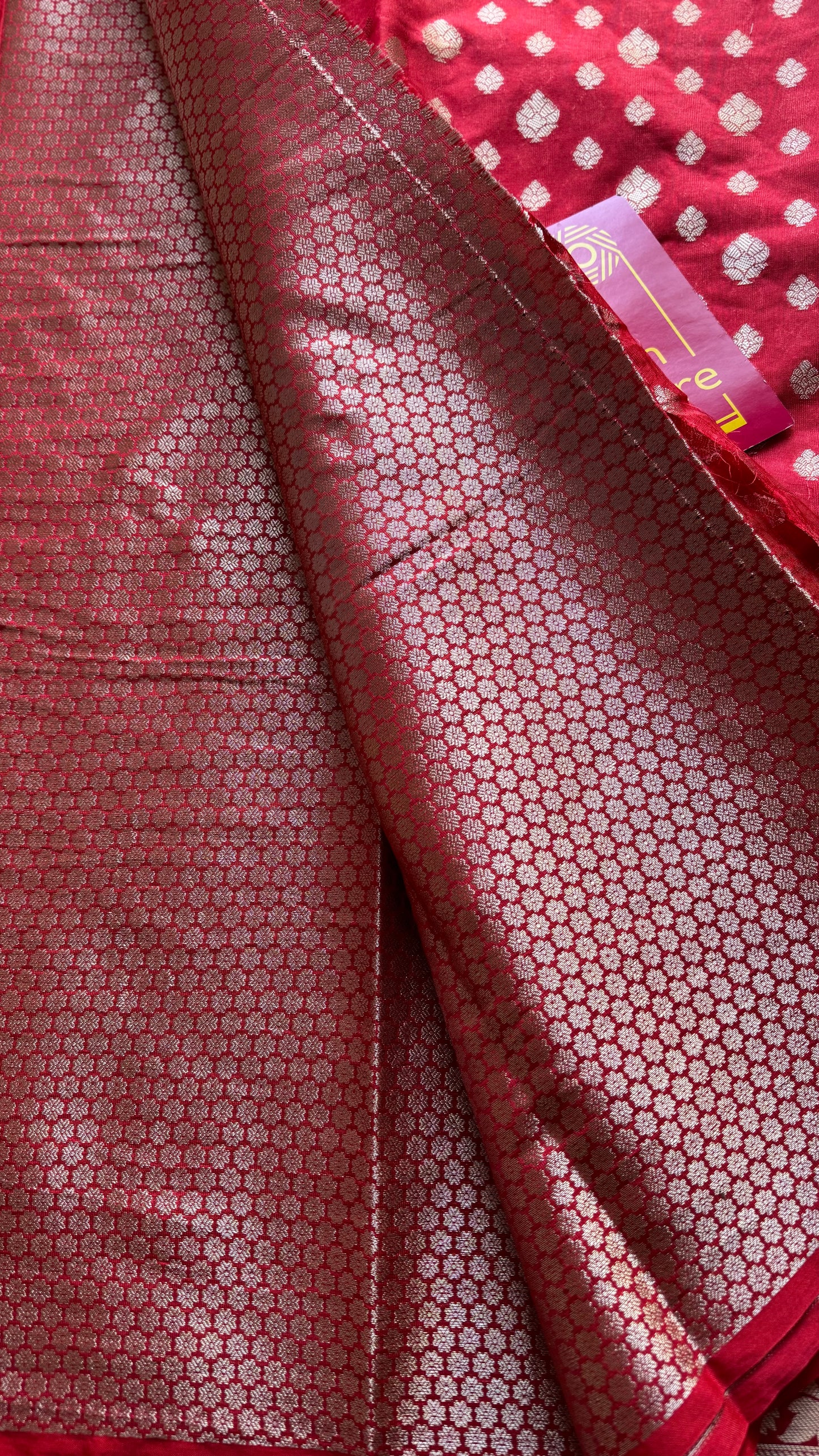Chilli red, silver buttas and zari, Banarasi semi-silk - YCDESE37