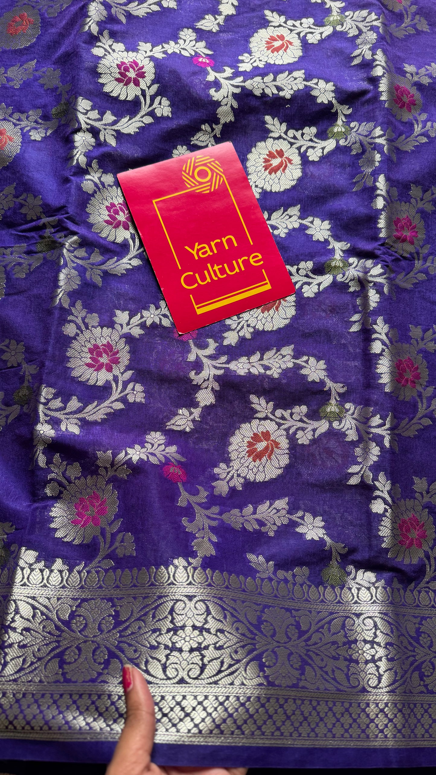 Dark blue meenakari floral pattern in silver zari, Banarasi katan dupion silk - YCDESE12