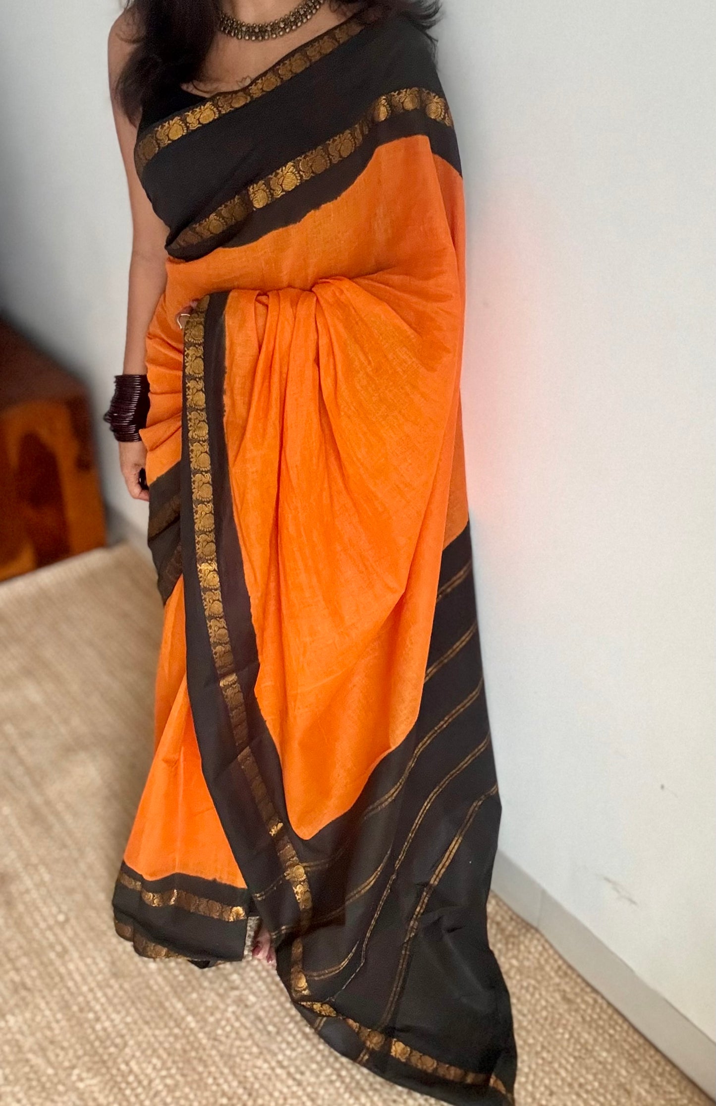 Fanta orange and black, rettaipettu peacock double border, madurai soft cotton - YCCOTNJULRS01