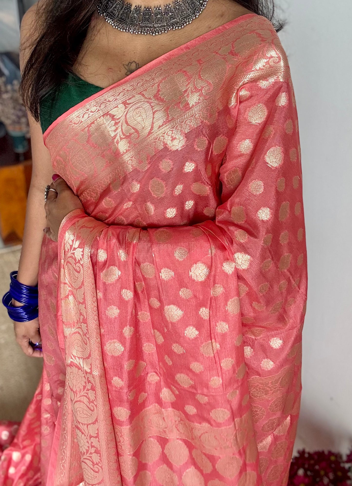 Peach pink, muted gold buttas and zari, Banarasi semi-silk - YCDESE41