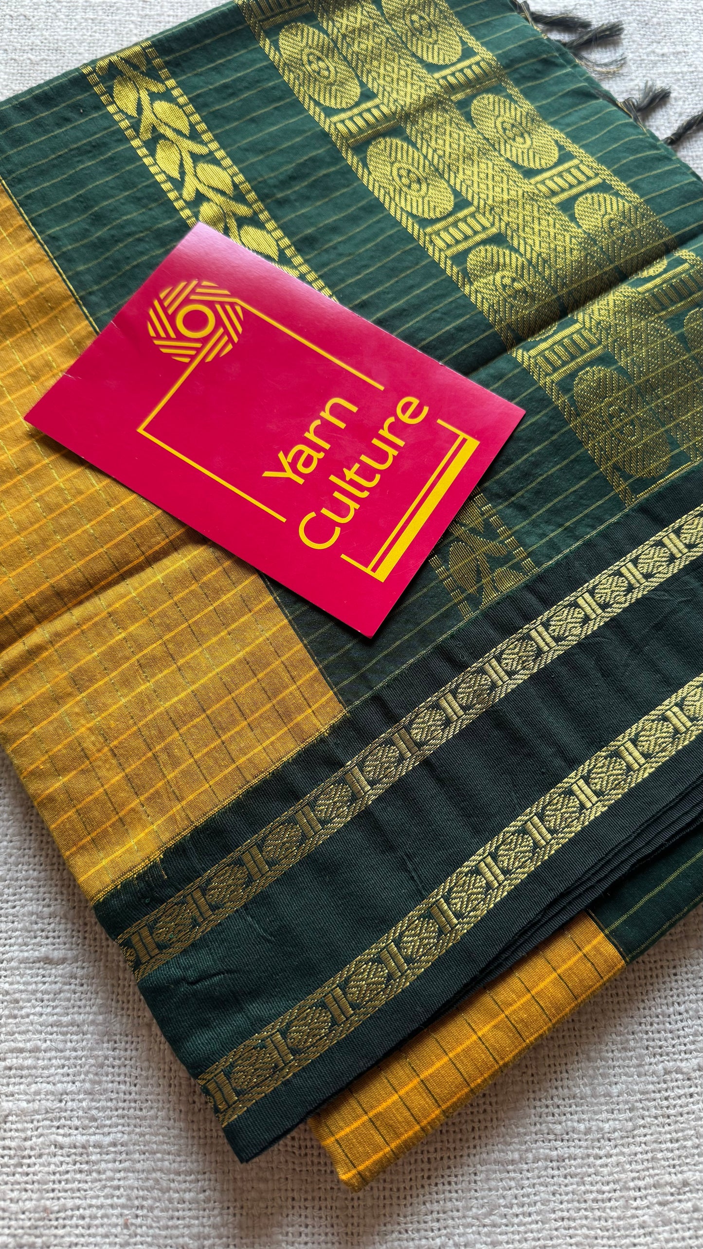 Mustard yellow with dark green contrast arani checkered saree, cotton silk - YCCOTNKCFE70