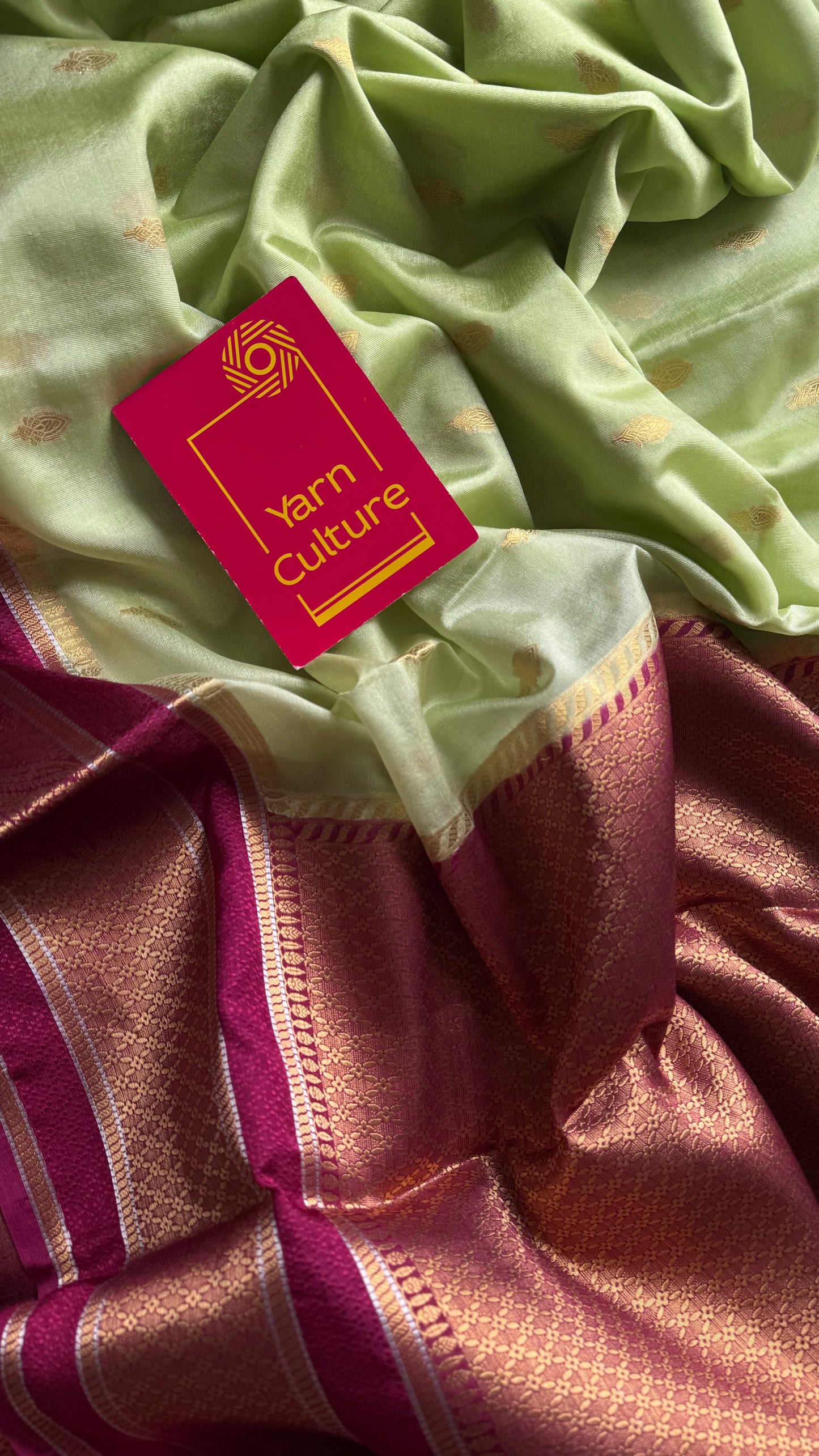 Pista green with maroon border, Banarasi semi-silk - YCDESE05