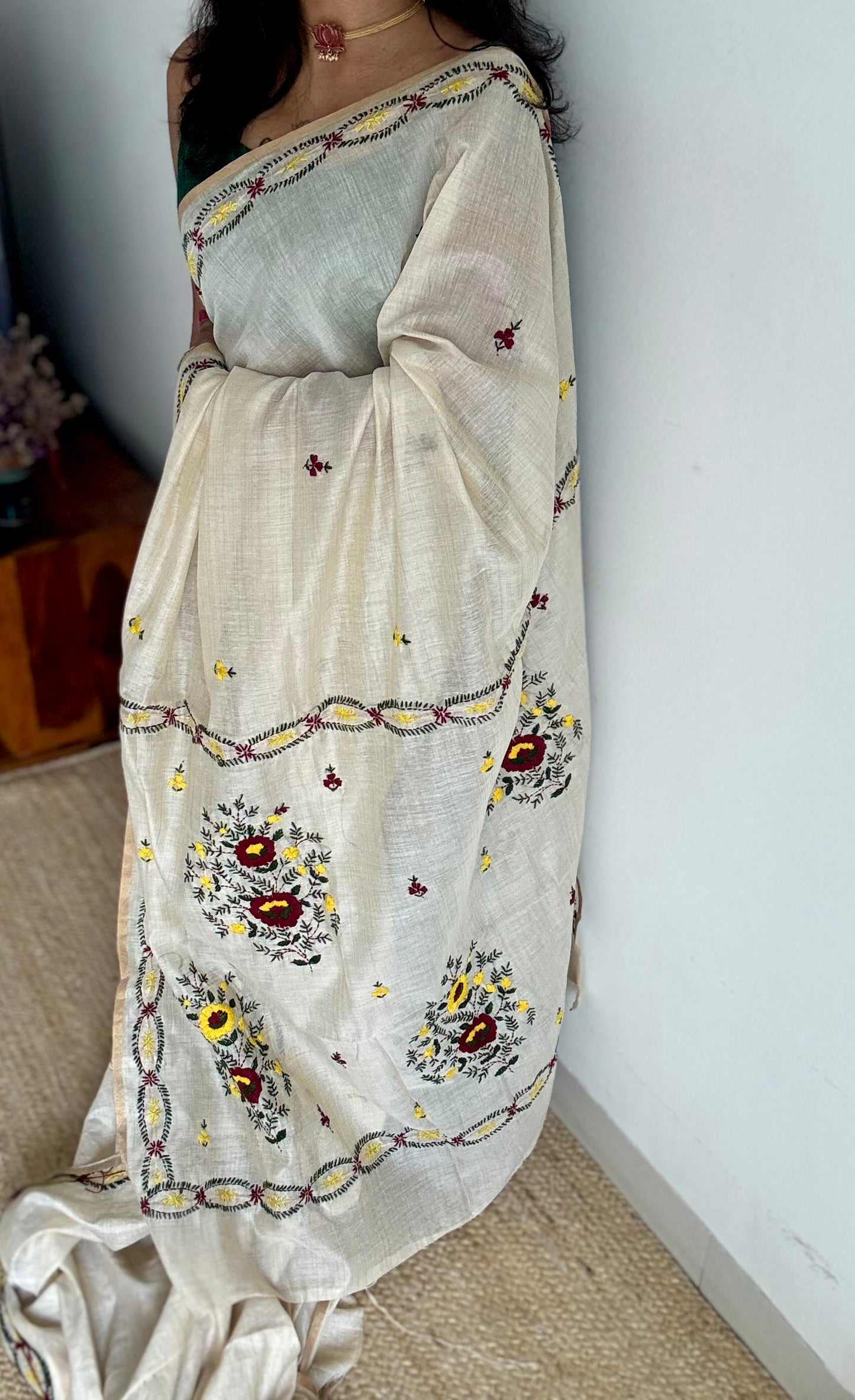 Ivory maheshwari cotton silk blend with maroon and dark yellow floral kantha threadwork - YCBLJULMK05